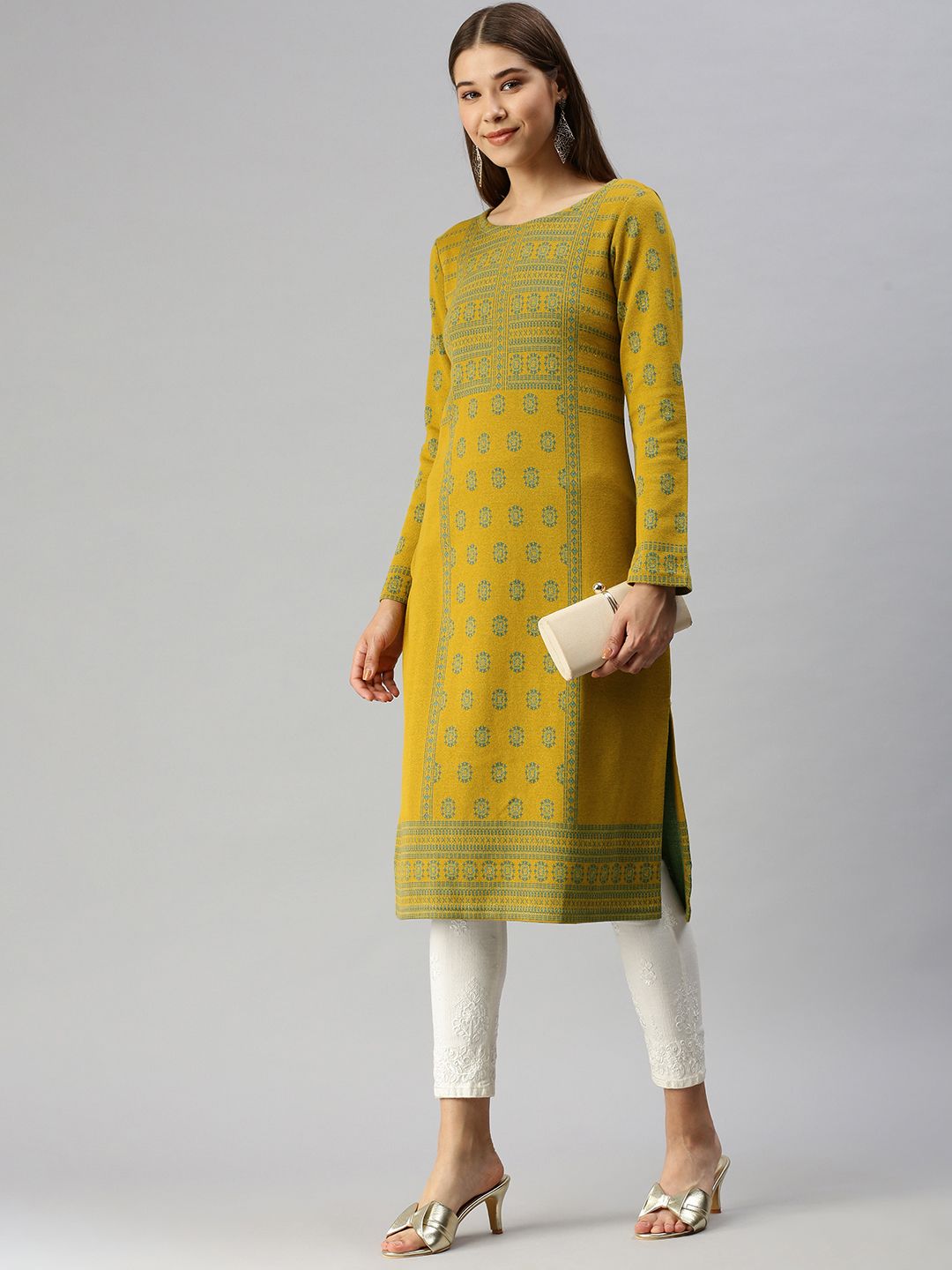 Global Desi Women Mustard Yellow & Green Floral Printed Flared Sleeves Kurta Price in India