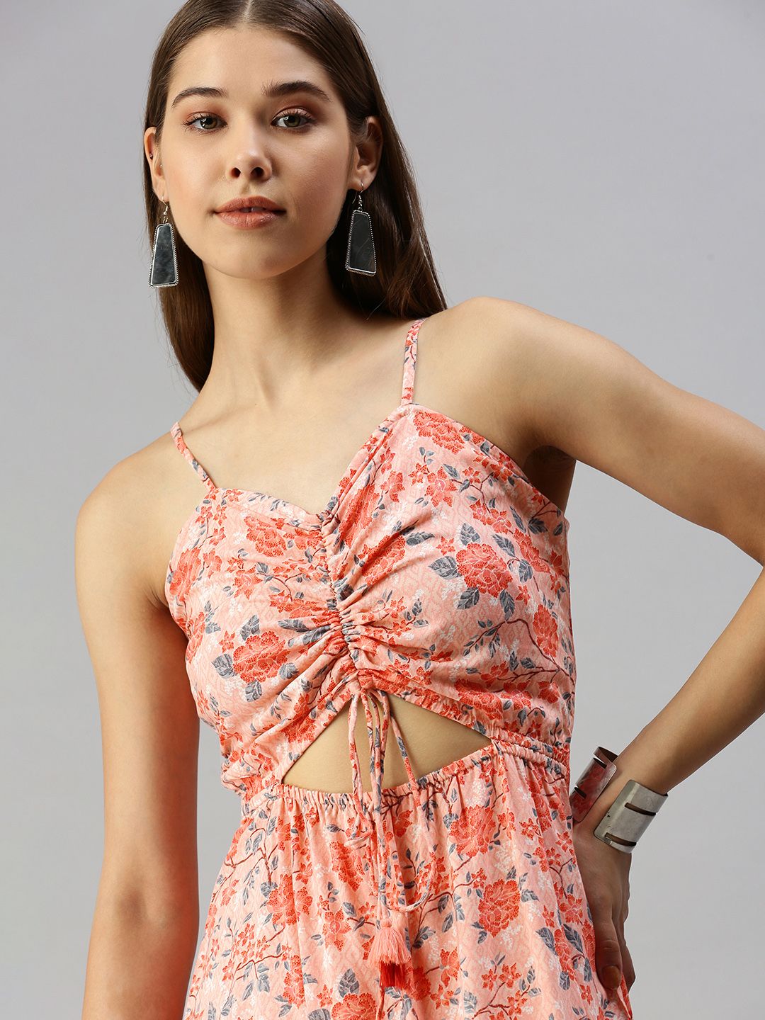 Global Desi Peach Pink & Coral Orange Floral Print Shoulder Straps Cut Out Ruched Dress Price in India