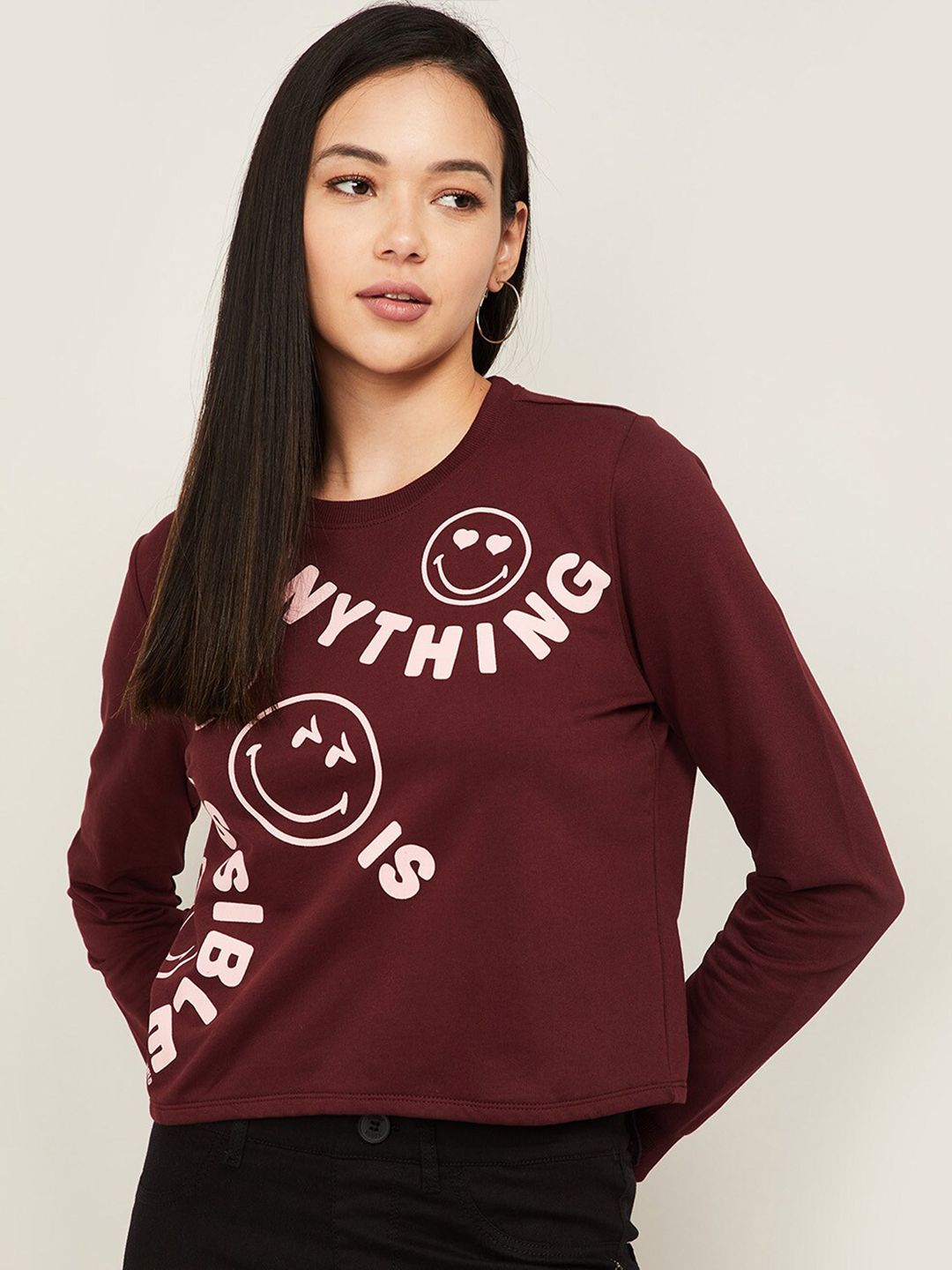 SmileyWorld Women Purple Printed Cotton Sweatshirt Price in India