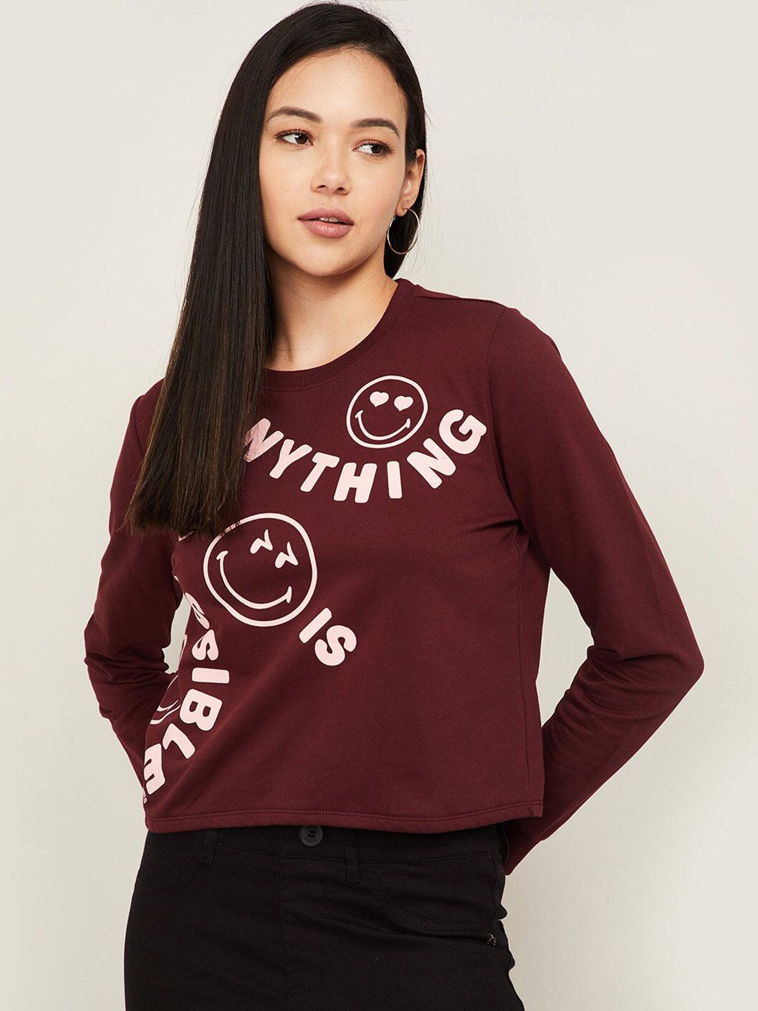 SmileyWorld Women Purple Printed Cotton Sweatshirt Price in India