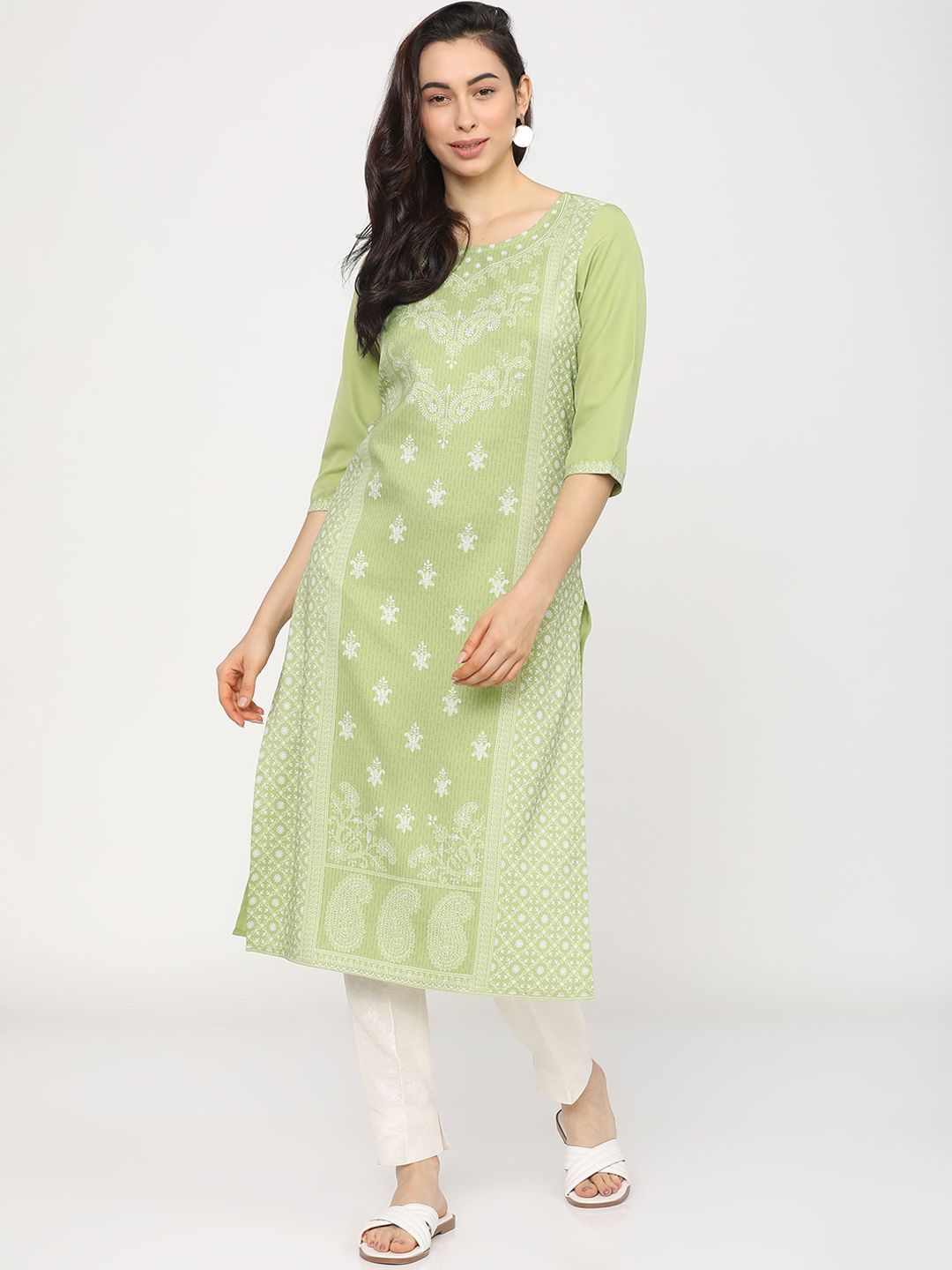 KETCH Women Green & White Ethnic Motifs Printed Kurta Price in India