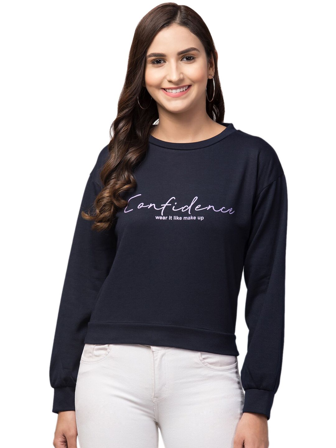 Orchid Blues Women Navy Blue Printed Sweatshirt Price in India