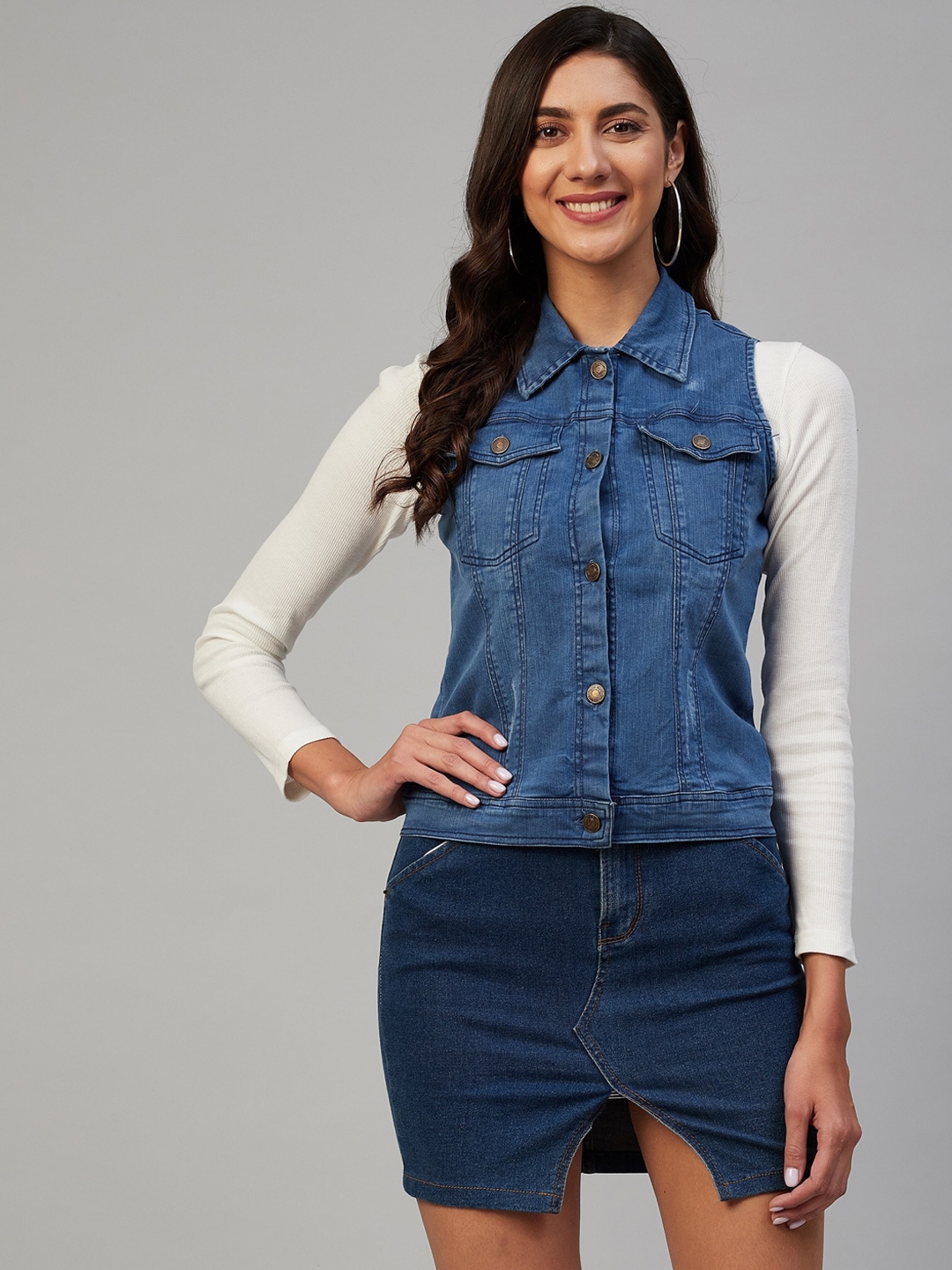 Orchid Blues Women Blue Washed Crop Denim Jacket Price in India