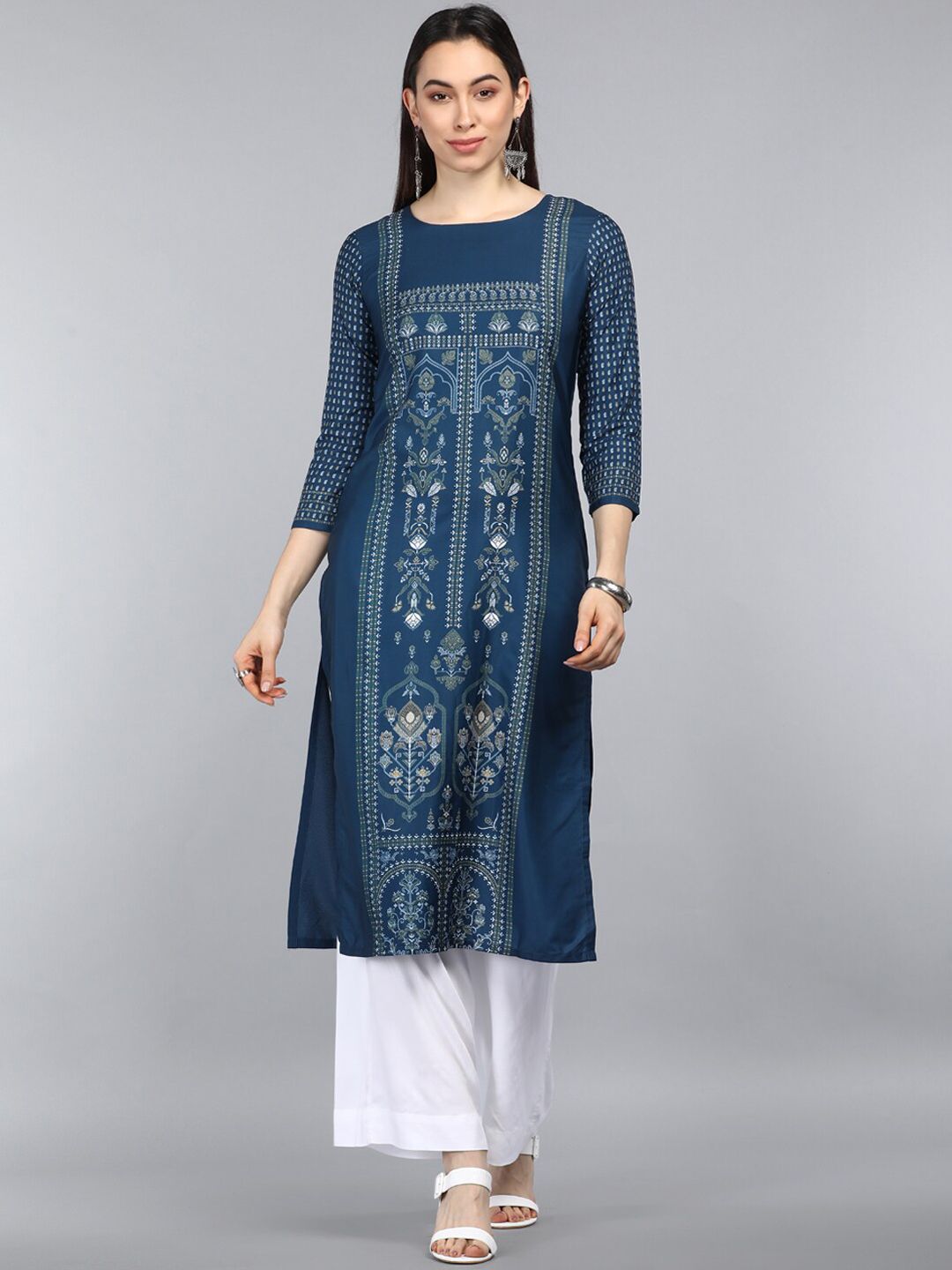 AHIKA Women Blue Ethnic Motifs Printed Chikankari Kurta Price in India