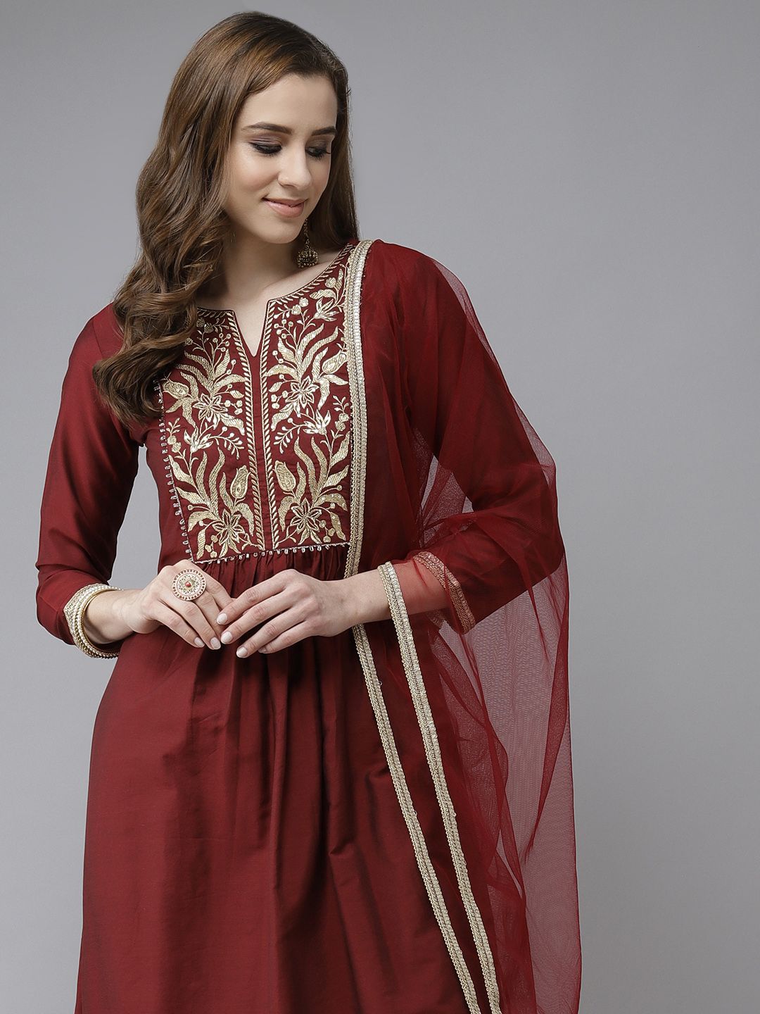 Indo Era Red & Gold Ethnic Motifs Yoke Design Zari Pleated A-line Kurta Trousers Dupatta Price in India