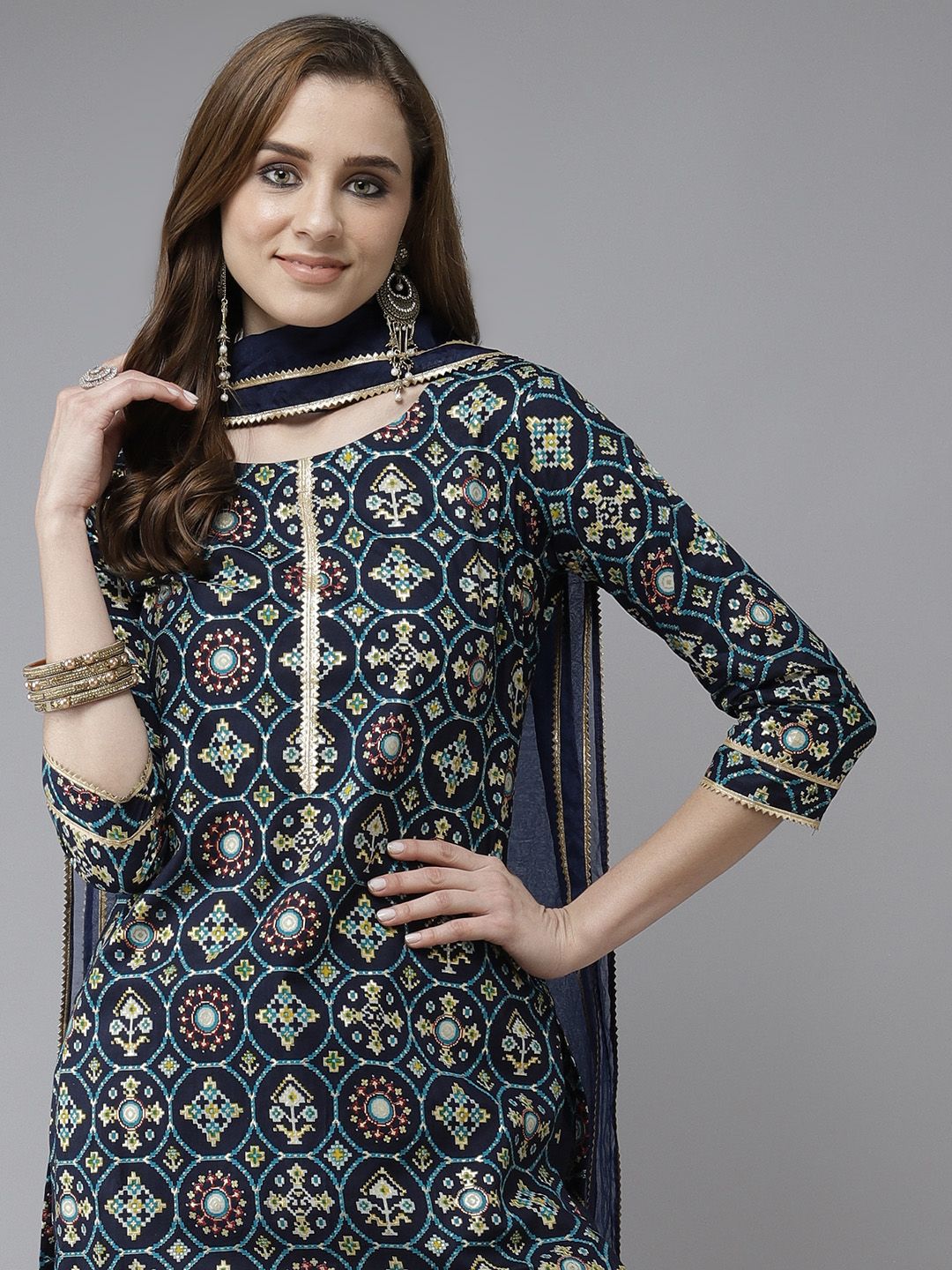 Indo Era Navy Blue & White Ethnic Motifs Printed Straight Kurta Palazzos Dupatta Price in India