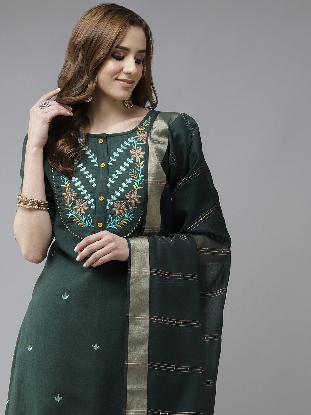 Indo Era Green & Gold Floral Embroidered Gotta Patti Straight Kurta Palazzos & Dupatta Price in India