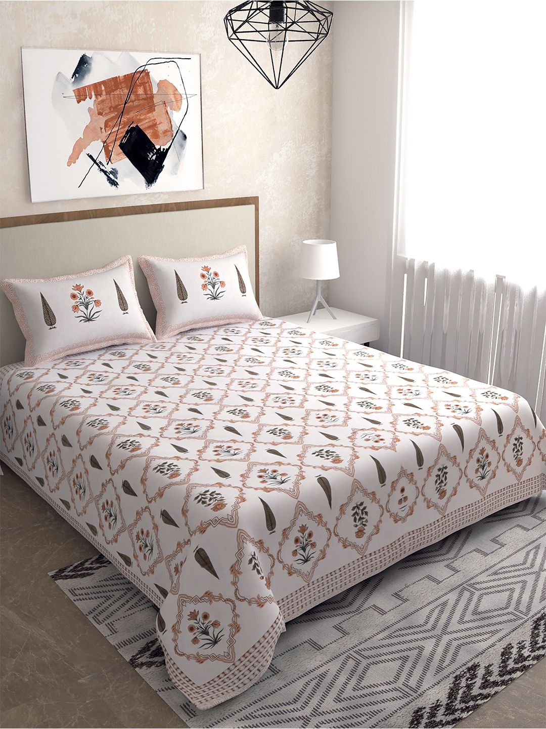 Salona Bichona Peach-Coloured & White Ethnic Motifs 120 TC King Bedsheet with 2 Pillow Covers Price in India