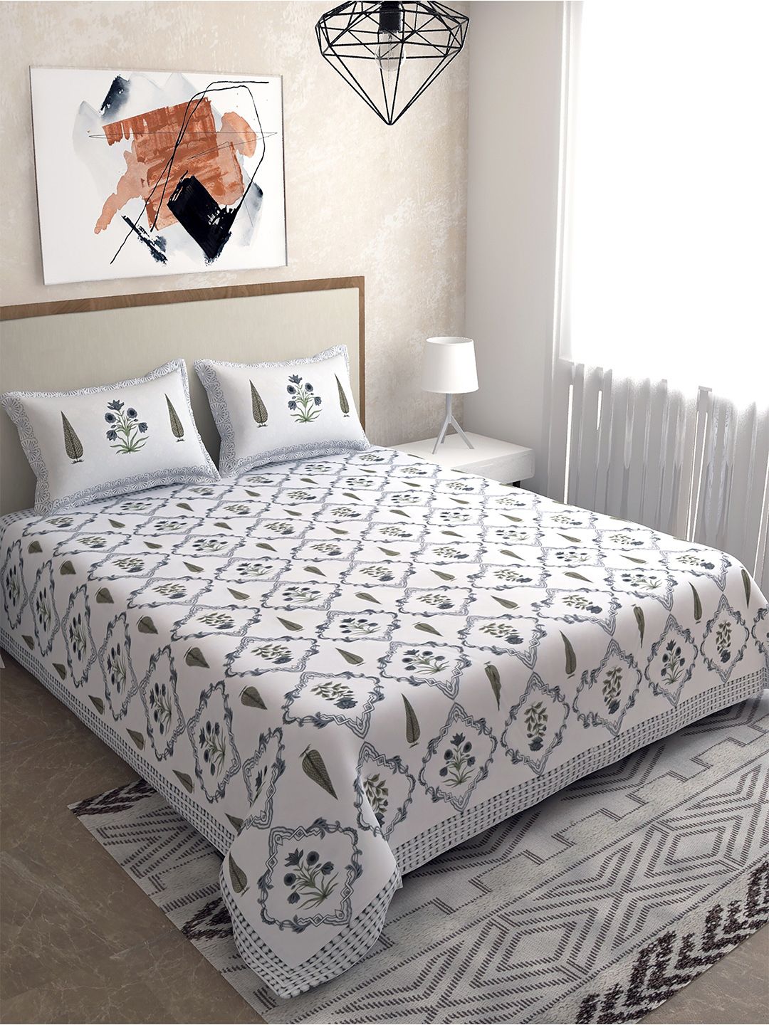 Salona Bichona Grey & Green Jaipuri Print 120 TC Cotton King Bedsheet with 2 Pillow Covers Price in India