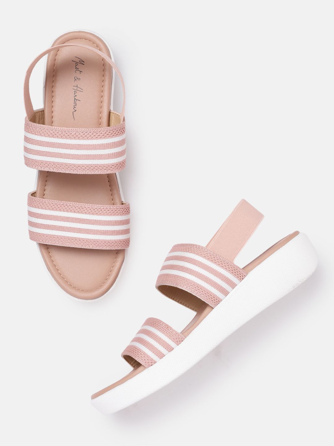 Mast & Harbour Women Dusty Pink & White Striped Wedge Heels Price in India