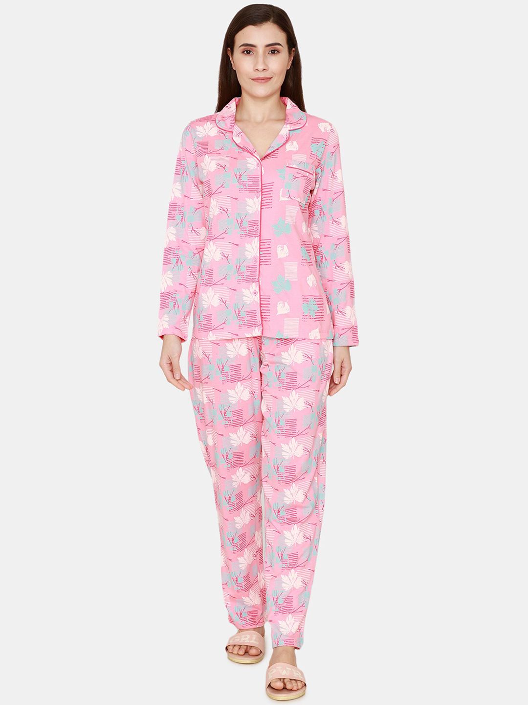 Zivame Women Pink & White Printed Night suit Price in India