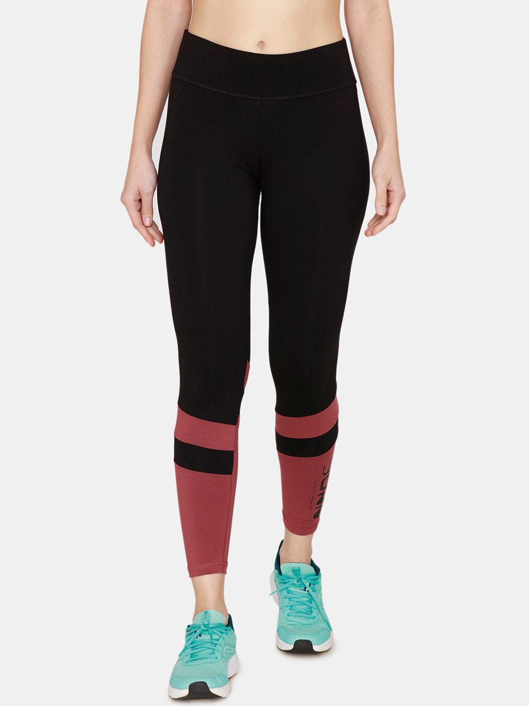 Zelocity by Zivame Women Black & Burgundy Colourblocked High Rise Stretch Legging Price in India