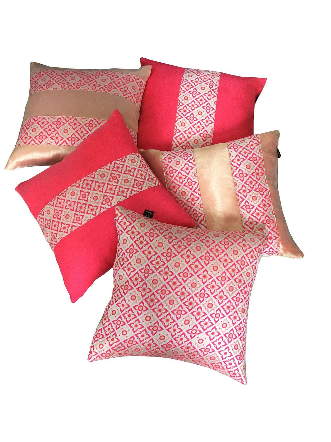 Lushomes Red & Beige Set of 5 Ethnic Motifs Square Cushion Covers Price in India