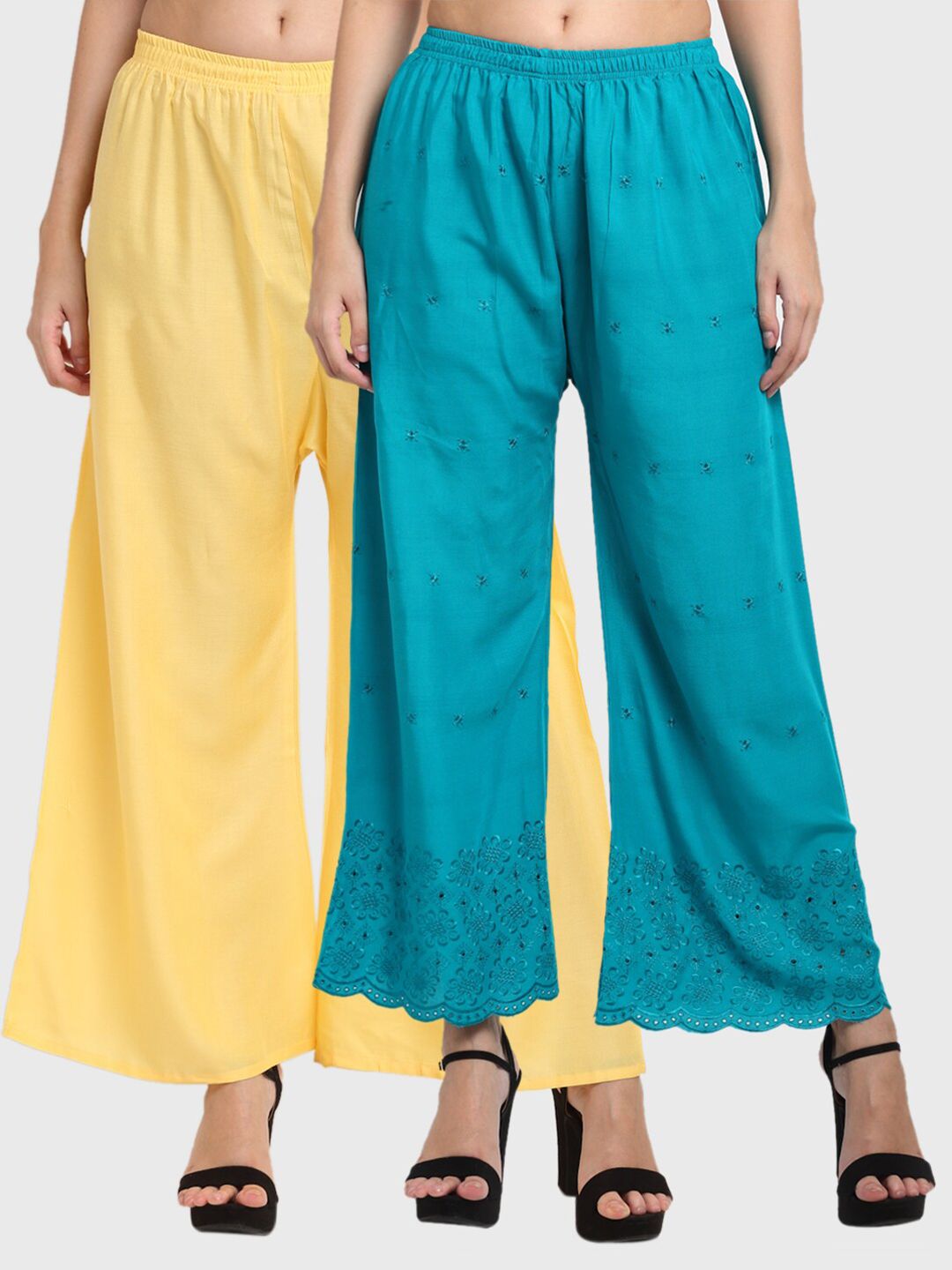 Miaz Lifestyle Women Yellow & Blue Pack Of 2 Floral Embroidered Palazzos Price in India