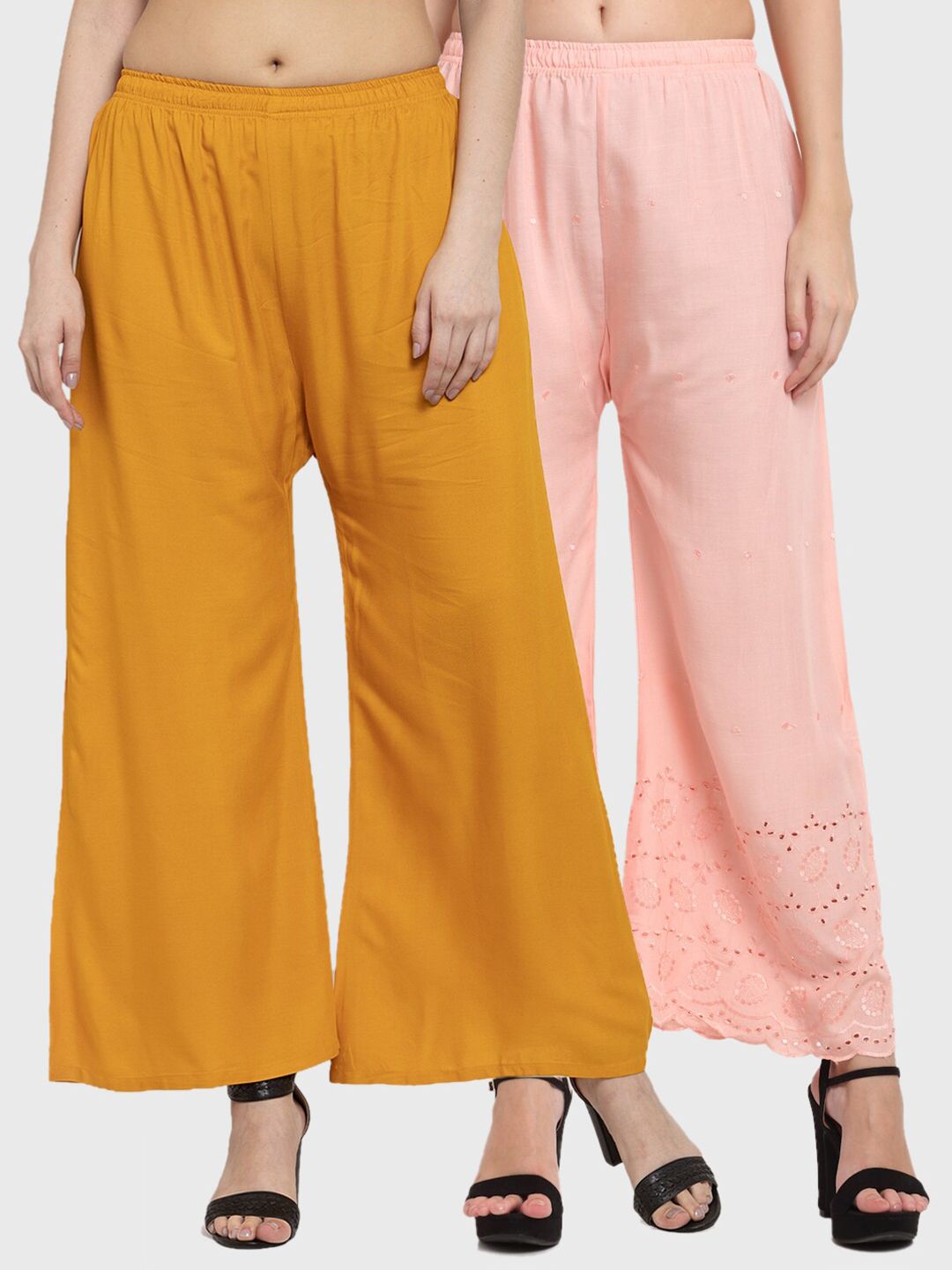 Miaz Lifestyle Women Pack Of 2 Mustard Yellow & Peach Floral Embroidered Flared Palazzos Price in India