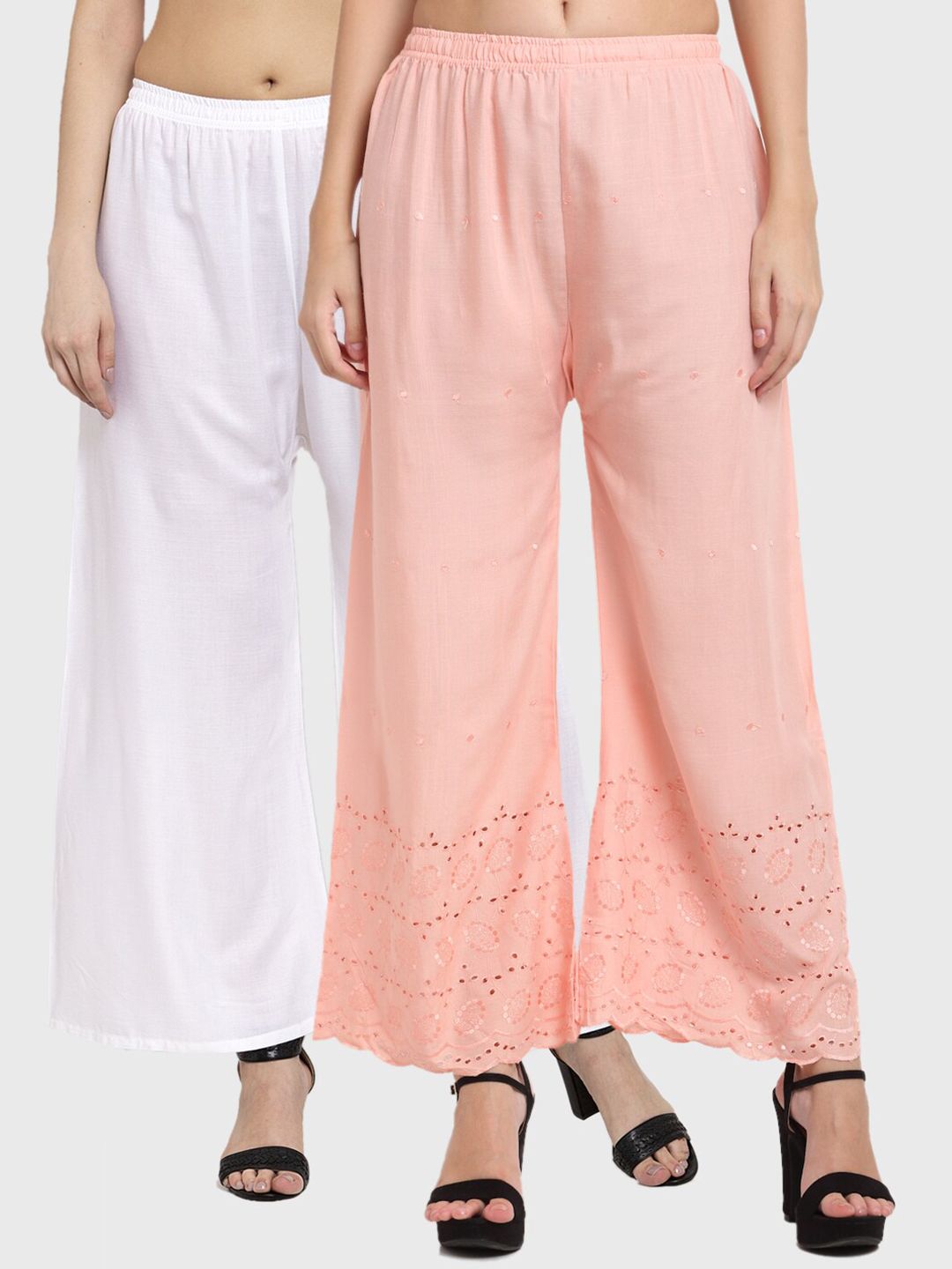 Miaz Lifestyle Women Pack Of 2 White & Peach-Coloured Embroidered Ethnic Palazzos Price in India