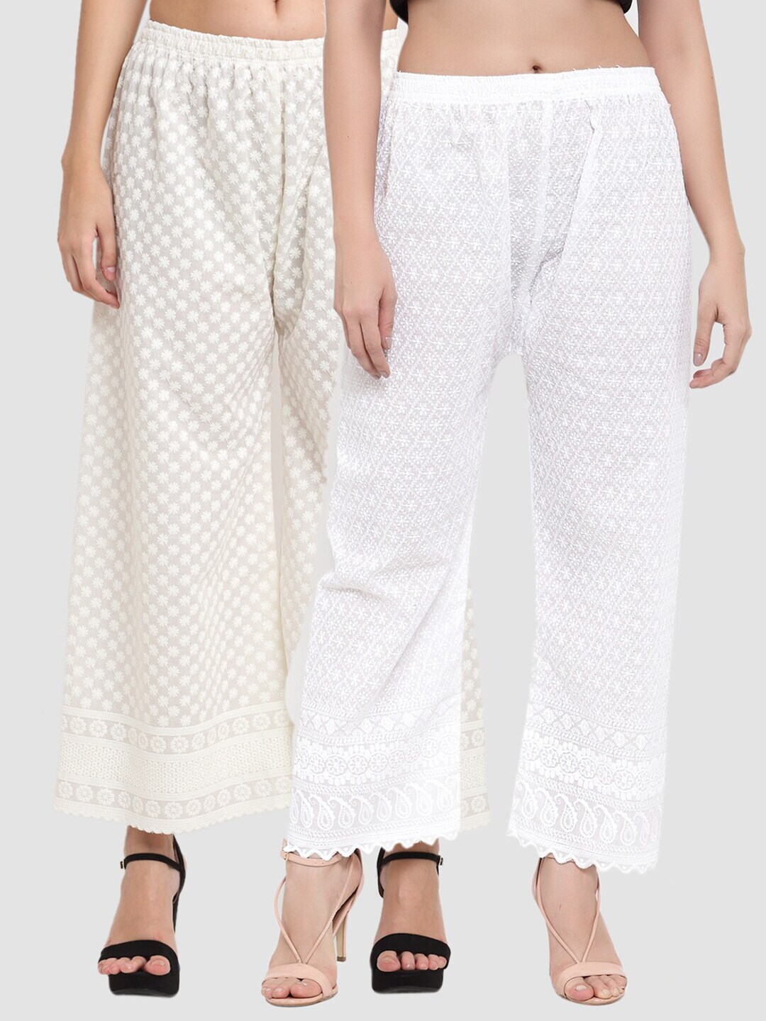 Miaz Lifestyle Pack Of 2 White & Cream-Coloured Floral Embroidered Ethnic Palazzos Price in India