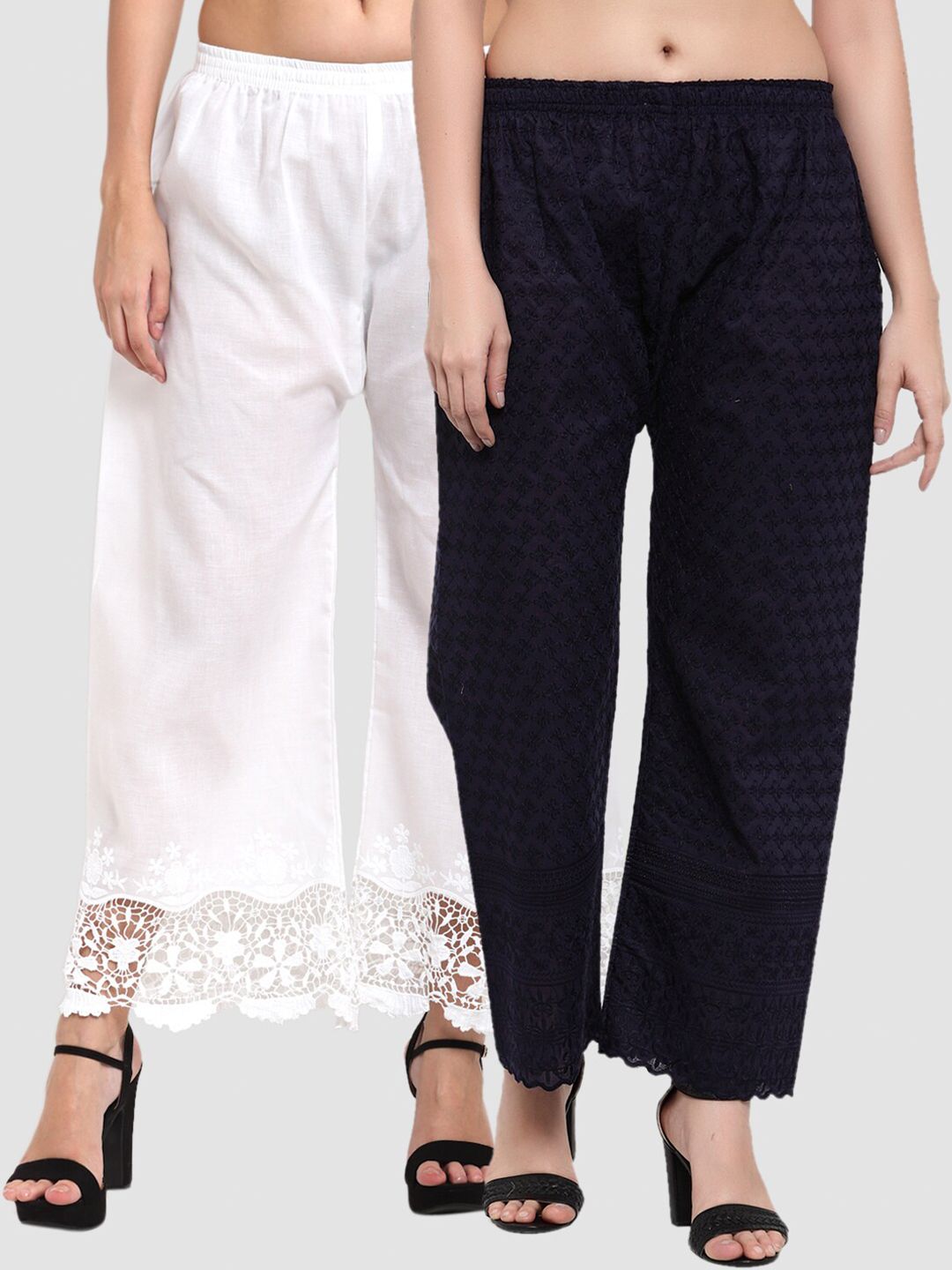 Miaz Lifestyle Women Pack Of 2 Navy Blue & White Floral Embroidered Flared Palazzos