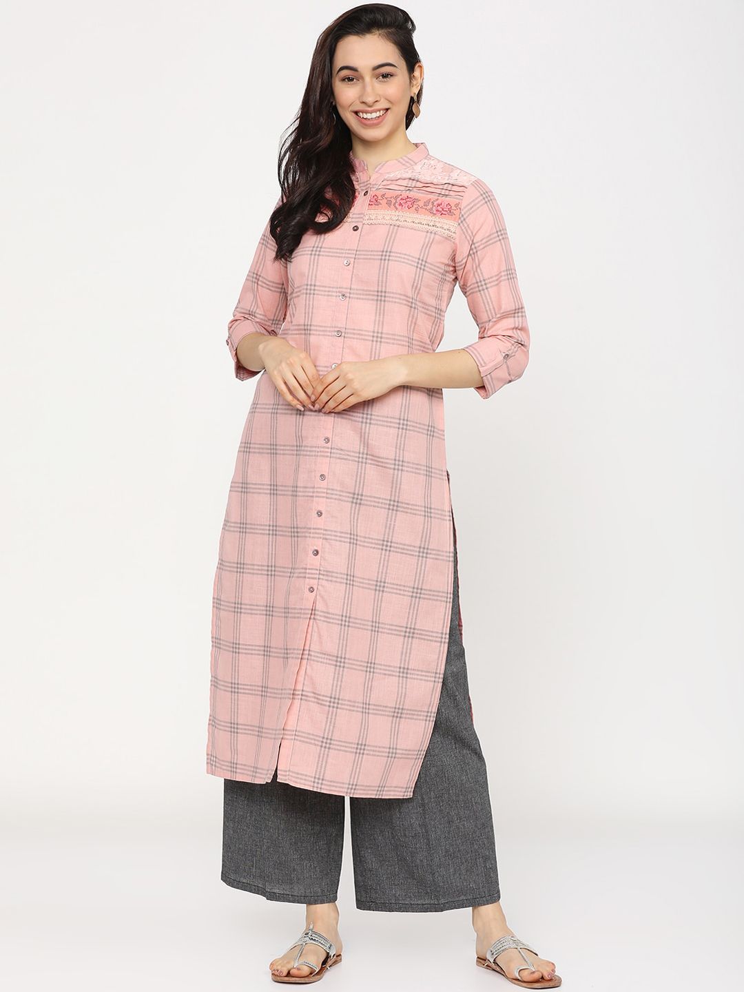 Vishudh Women Coral & Black Checked Thread Work Cotton Kurta Price in India