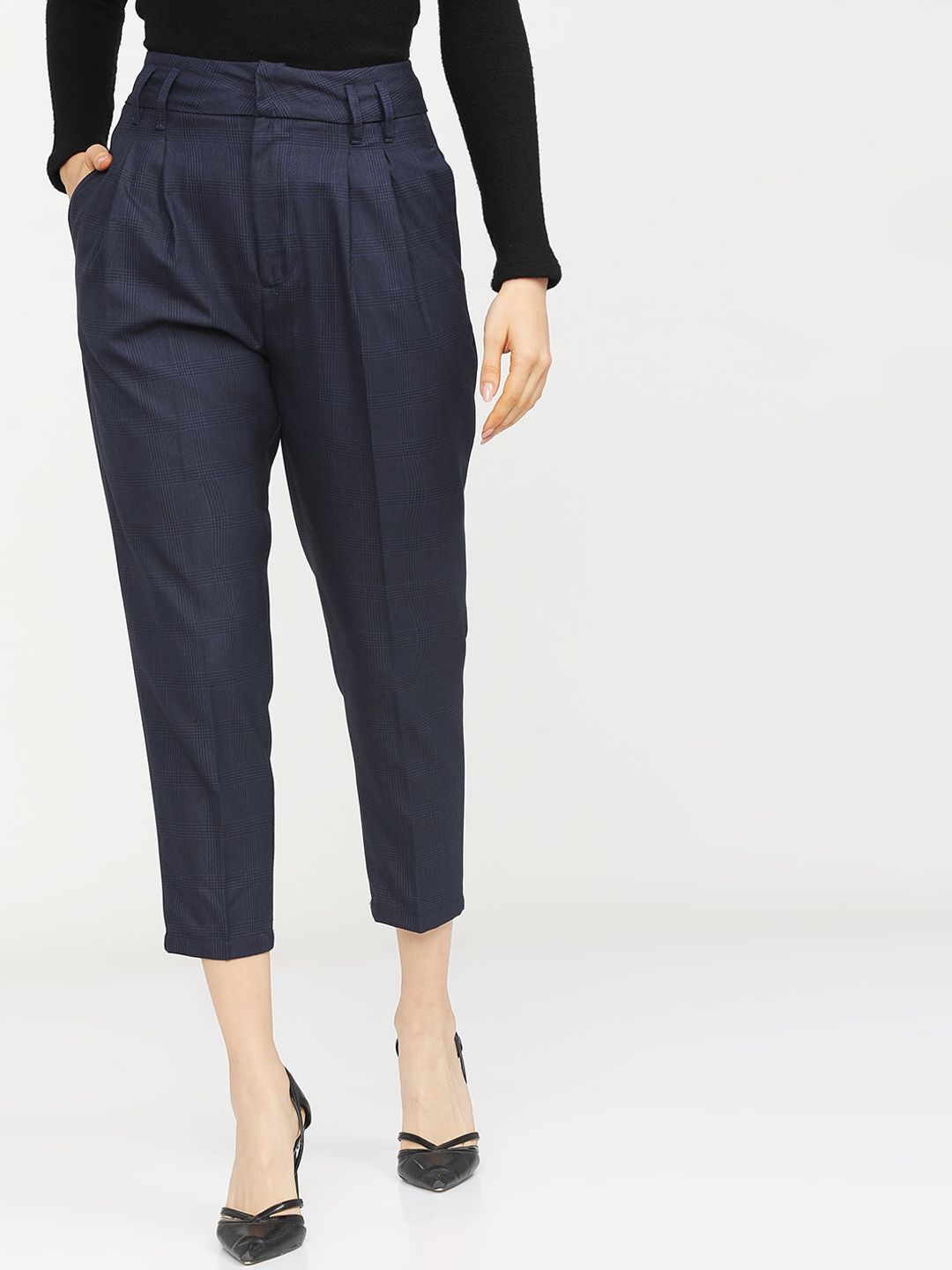 Tokyo Talkies Women Navy Blue Checked Pleated Peg Trousers Price in India