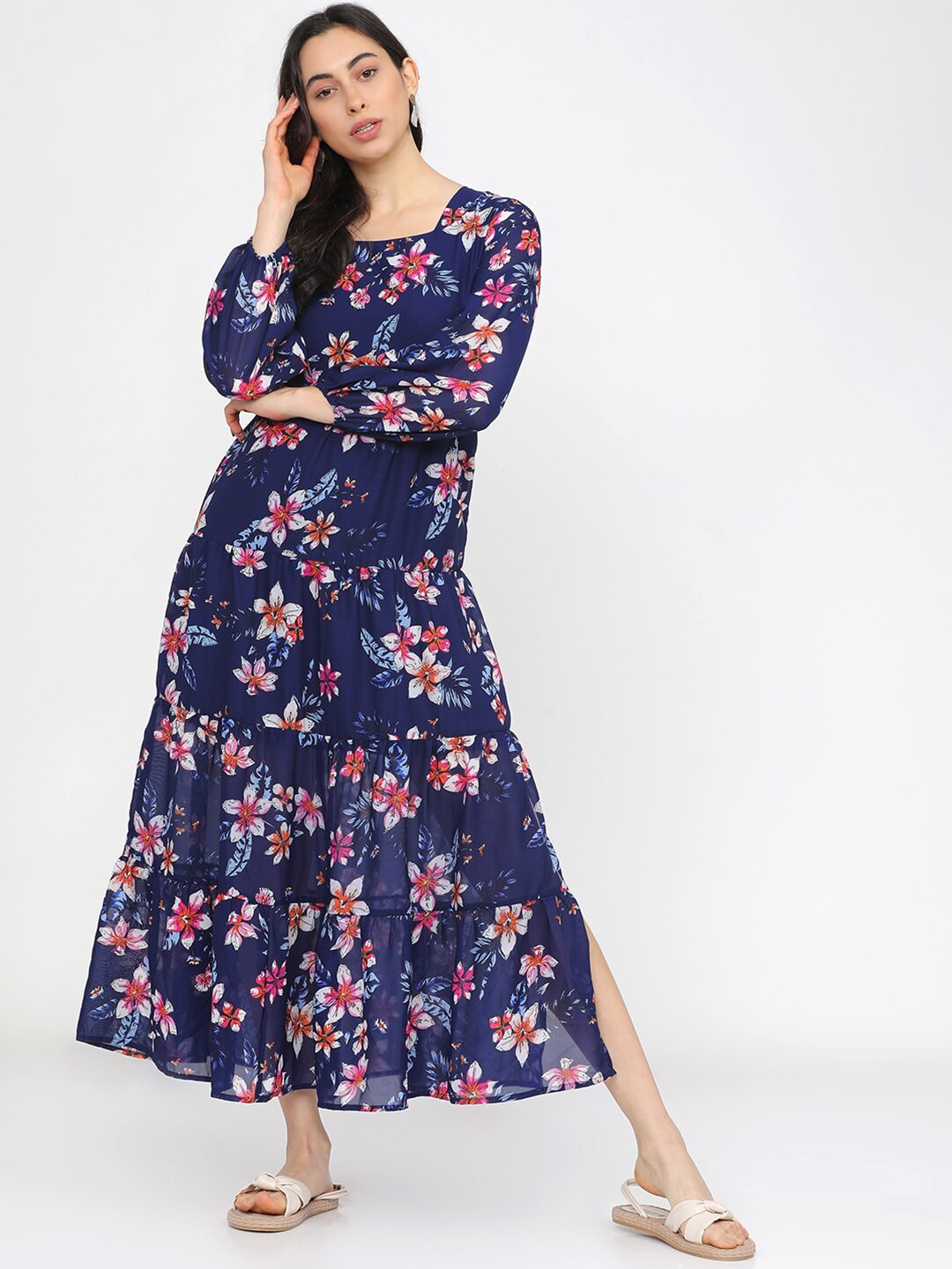 Tokyo Talkies Navy Blue Floral Crepe Maxi Dress Price in India