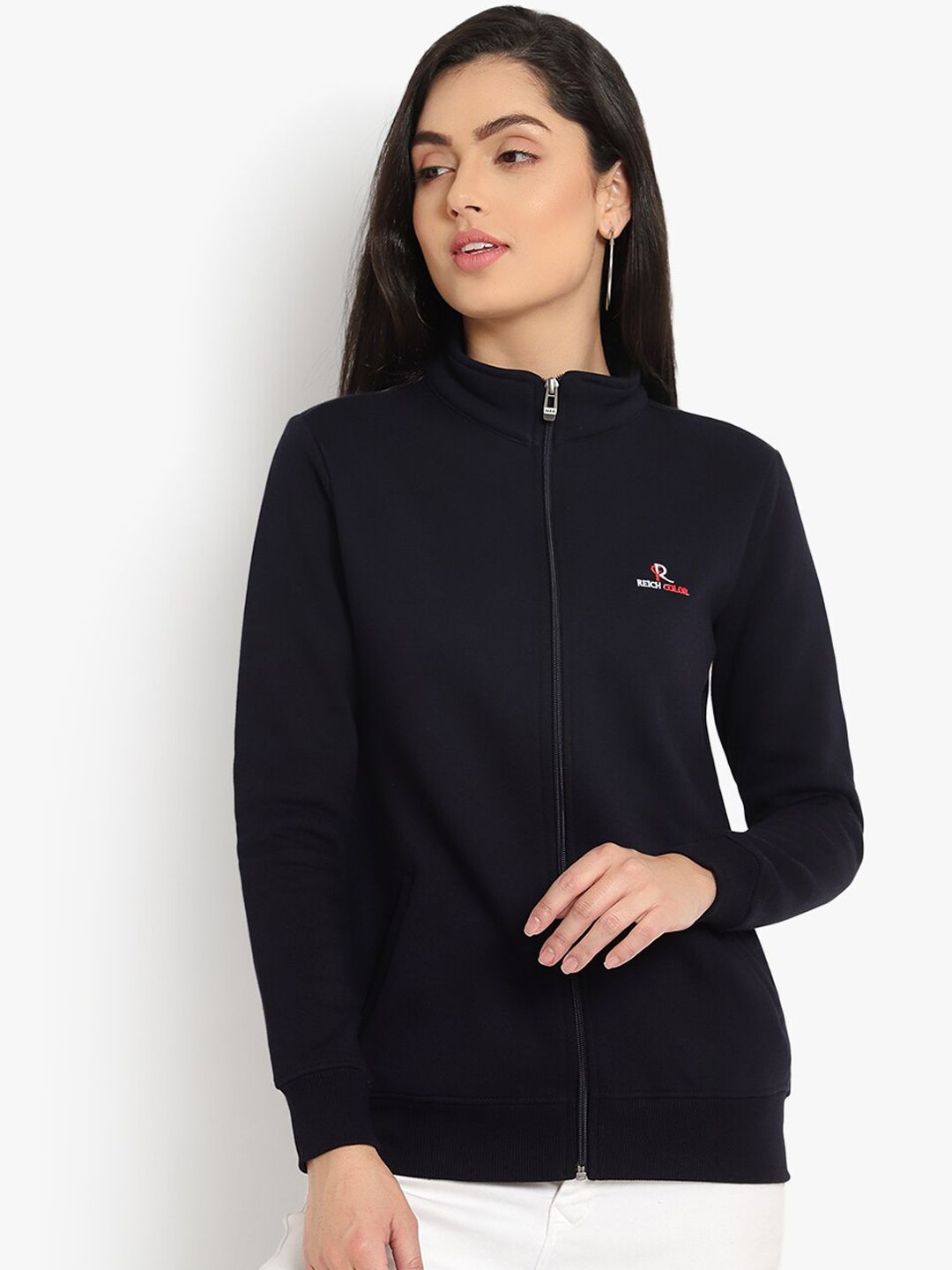 Reich Color Women Navy Blue Fleece Lightweight Tailored Jacket with Embroidered Price in India