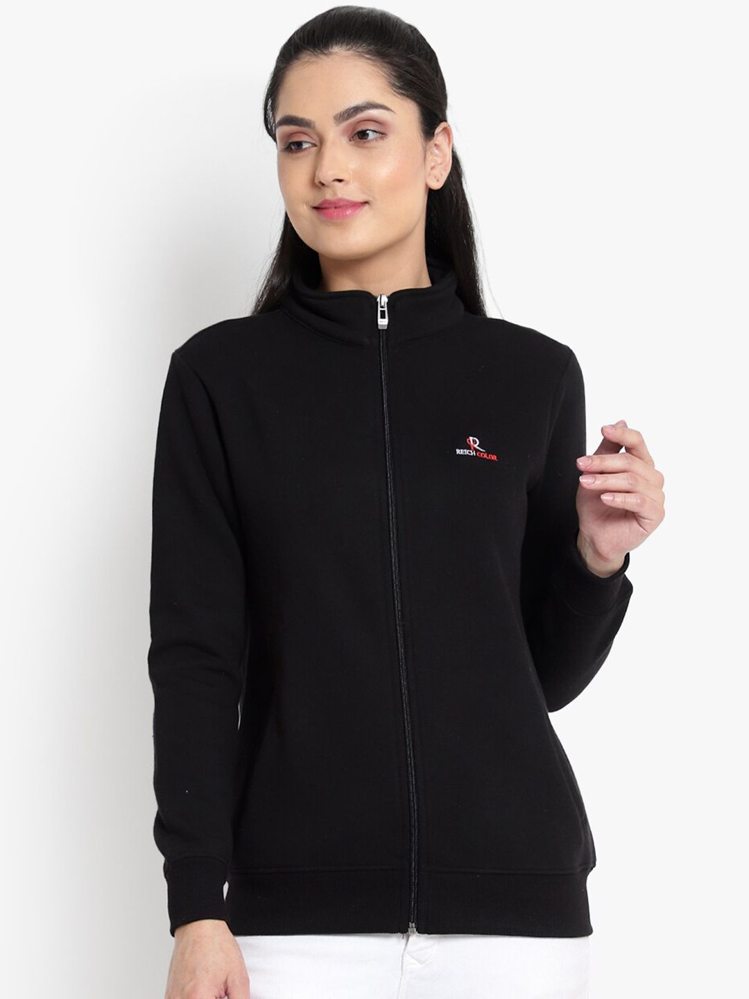 Reich Color Women Black Fleece Lightweight Longline Tailored Jacket with Embroidered Price in India