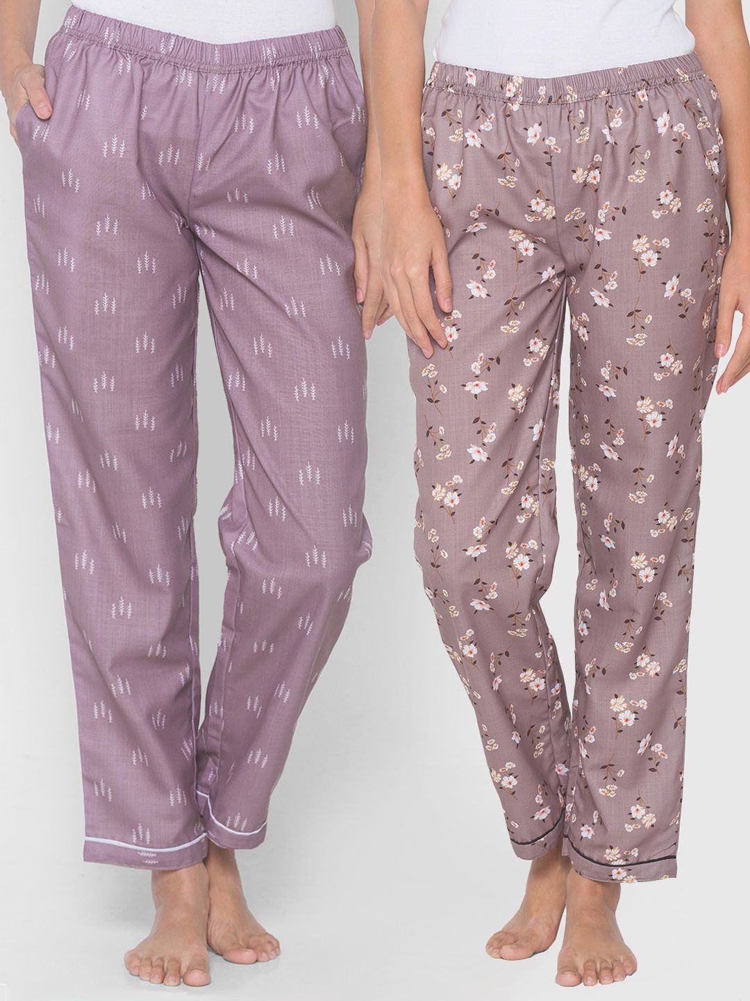 FashionRack Women Pack Of 2 Brown & Purple Printed Cotton Lounge Pants Price in India