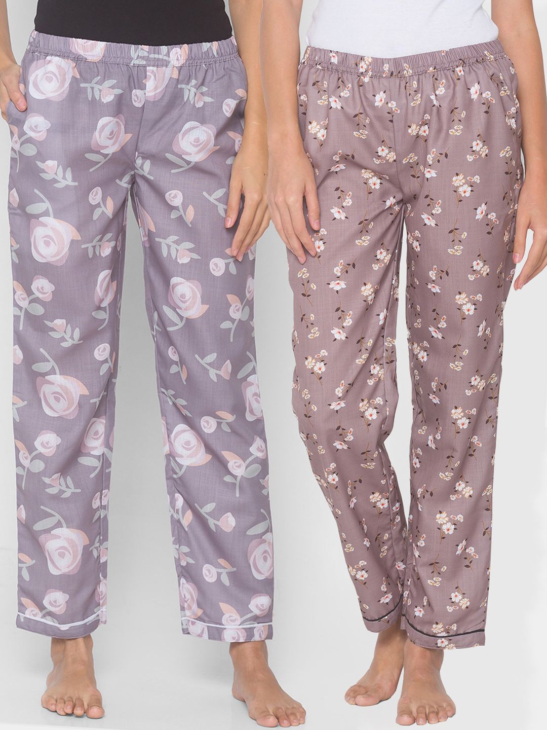 FashionRack Pack of 2 Brown & Purple Floral Printed Lounge Pants Price in India