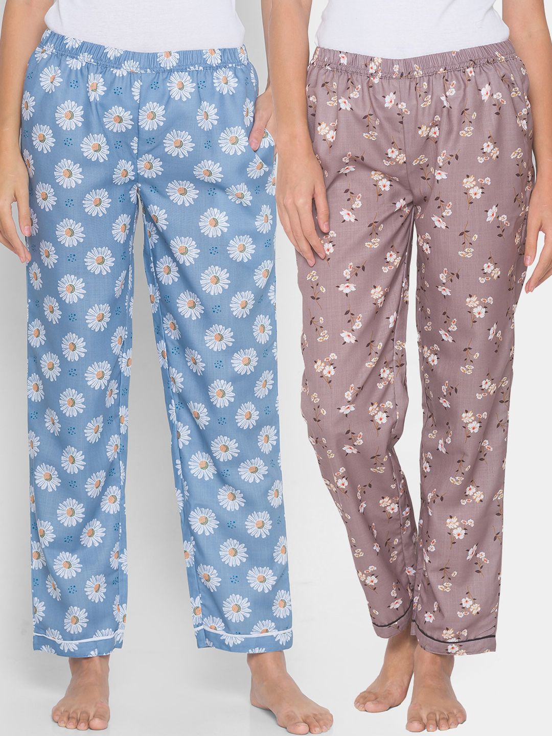 FashionRack Women Pack of 2 Brown & Blue Printed Lounge Pants Price in India