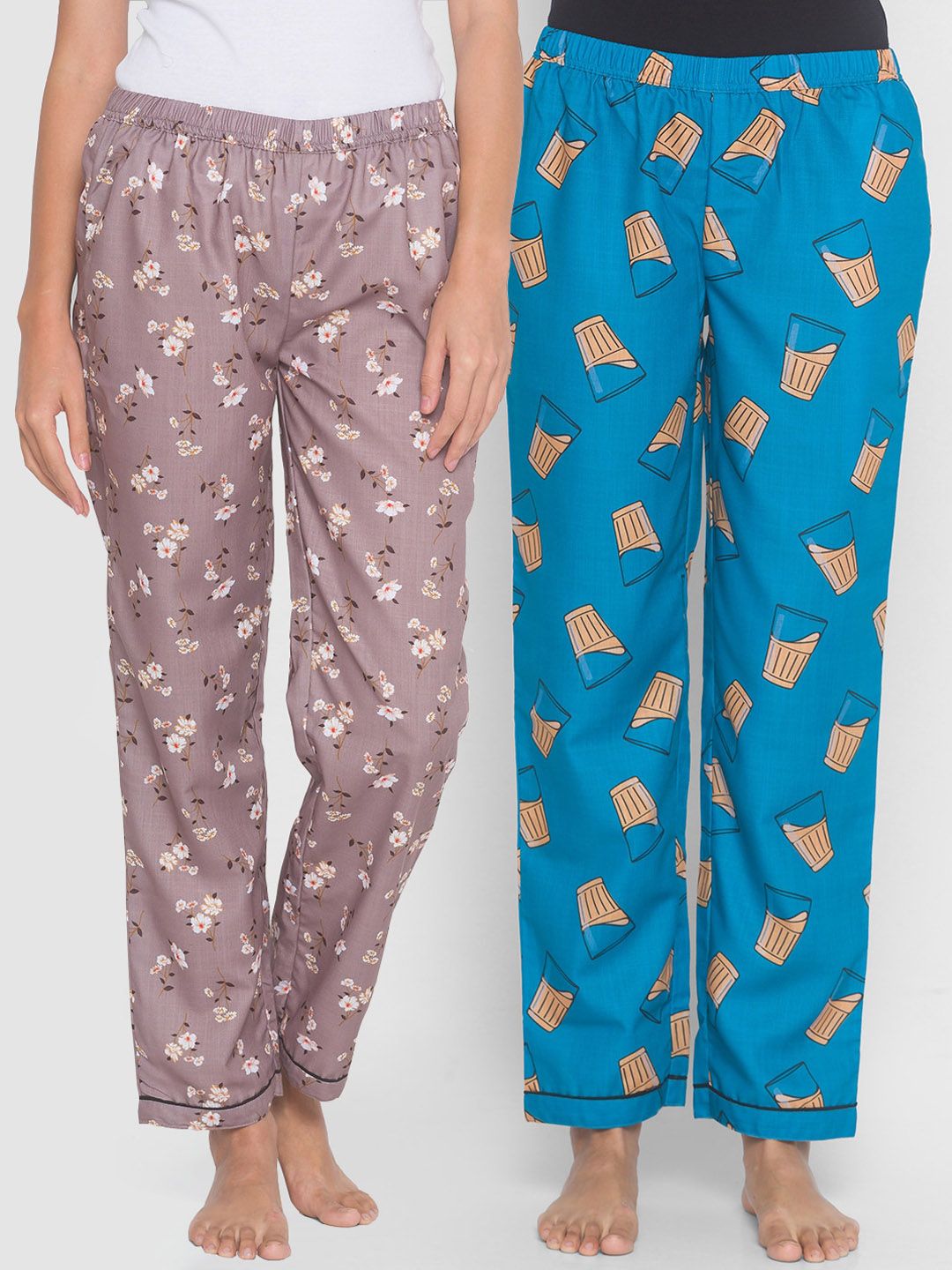 FashionRack Women Mauve & Blue Set Of 2 Printed Lounge Pants Price in India