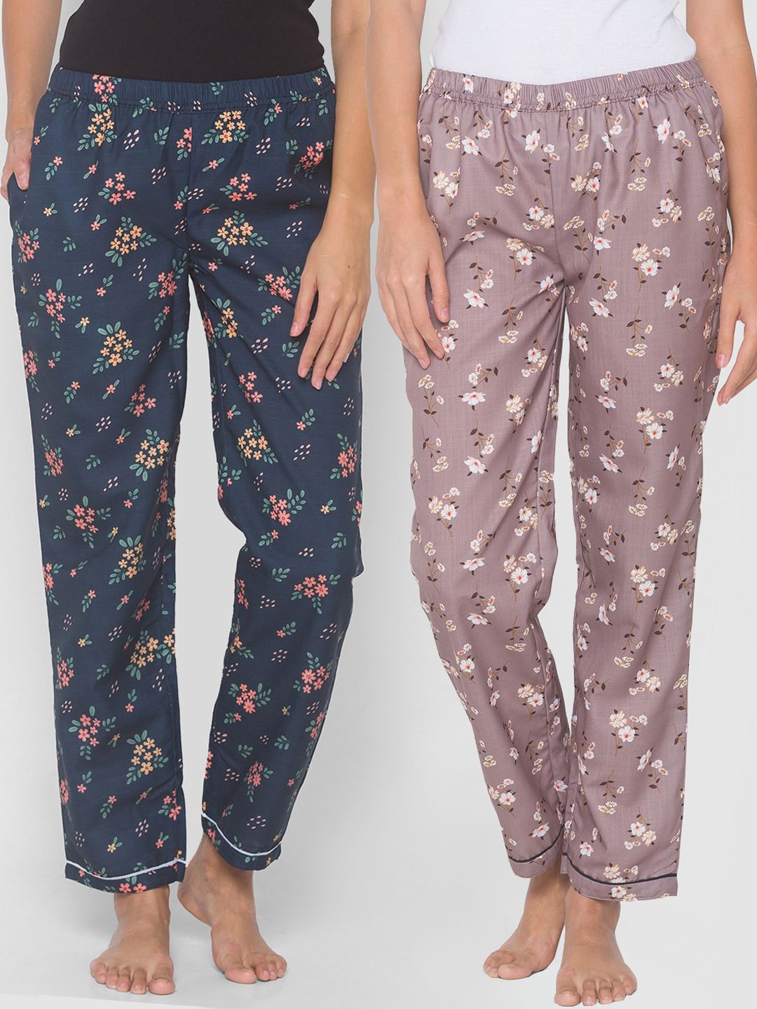 FashionRack Women Pack Of 2 Brown & Navy Blue Printed Cotton Lounge Pants Price in India