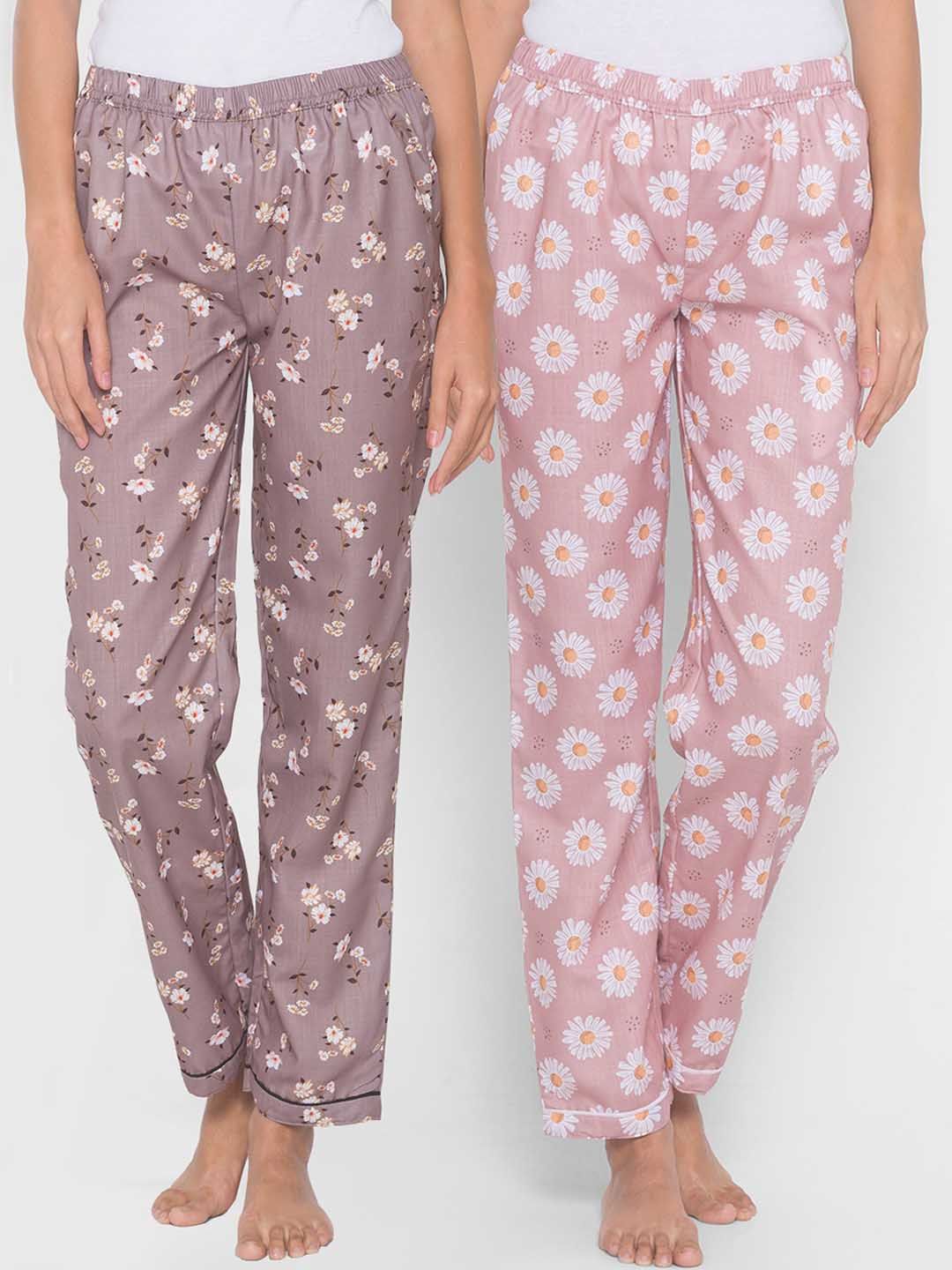 FashionRack Women Pack of 2 Brown & Pink Printed Lounge Pants Price in India