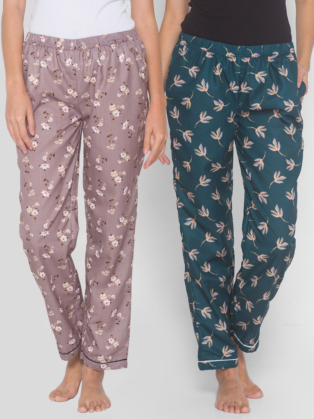 FashionRack Women Brown & Green Pack of 2 Cotton Printed Pyjamas Price in India