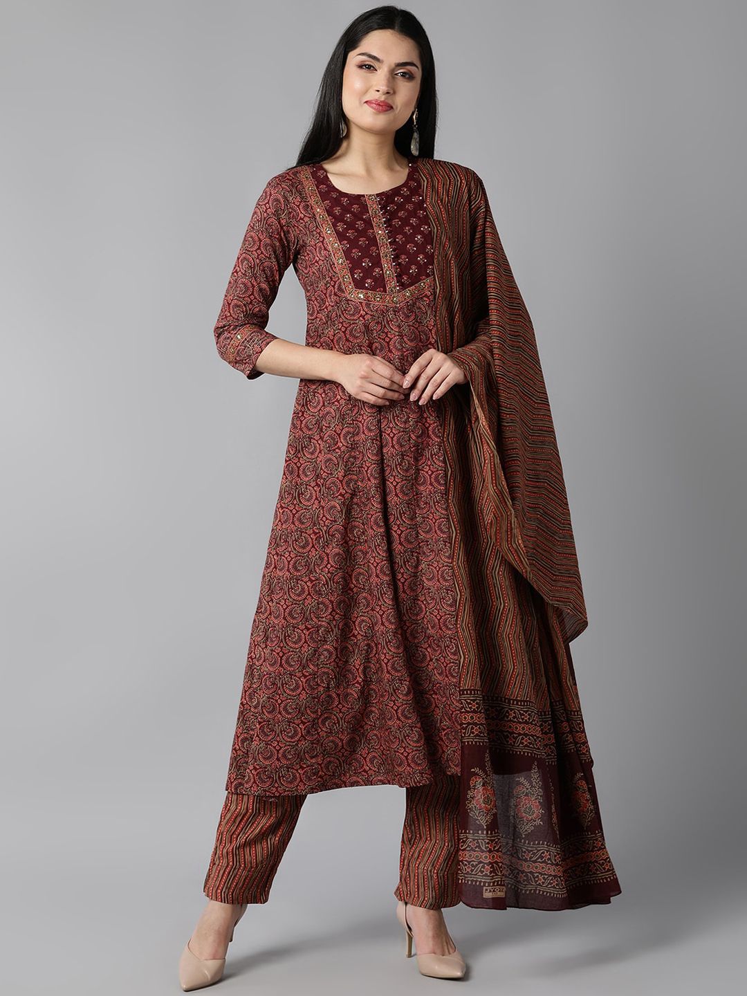 AHIKA Women Maroon Ethnic Motifs Printed Regular Pure Cotton Kurta with Trousers & With Dupatta Price in India