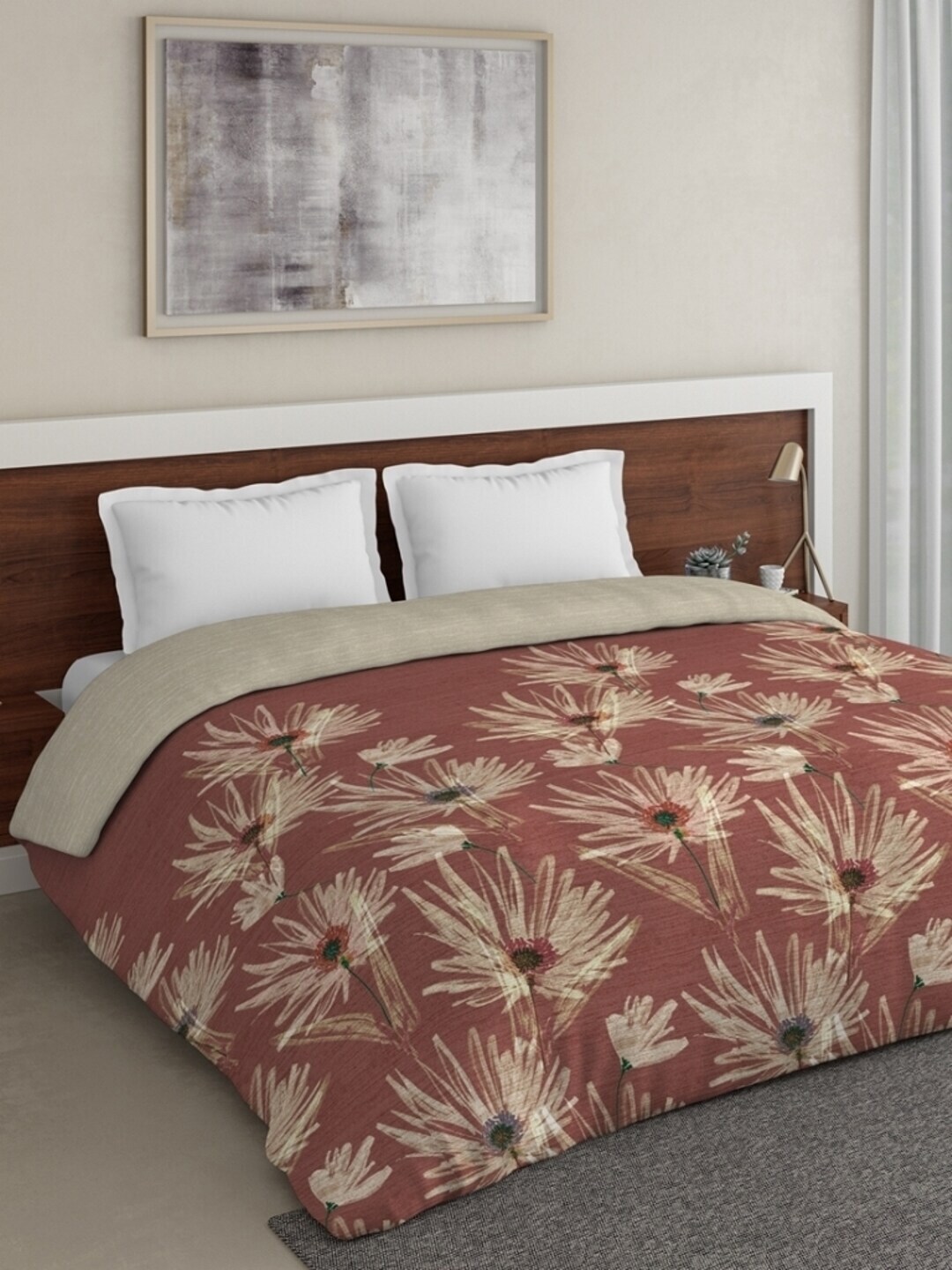 DDecor Bronze-Toned & Beige Floral Mild Winter 210 GSM Double Bed Comforter Price in India