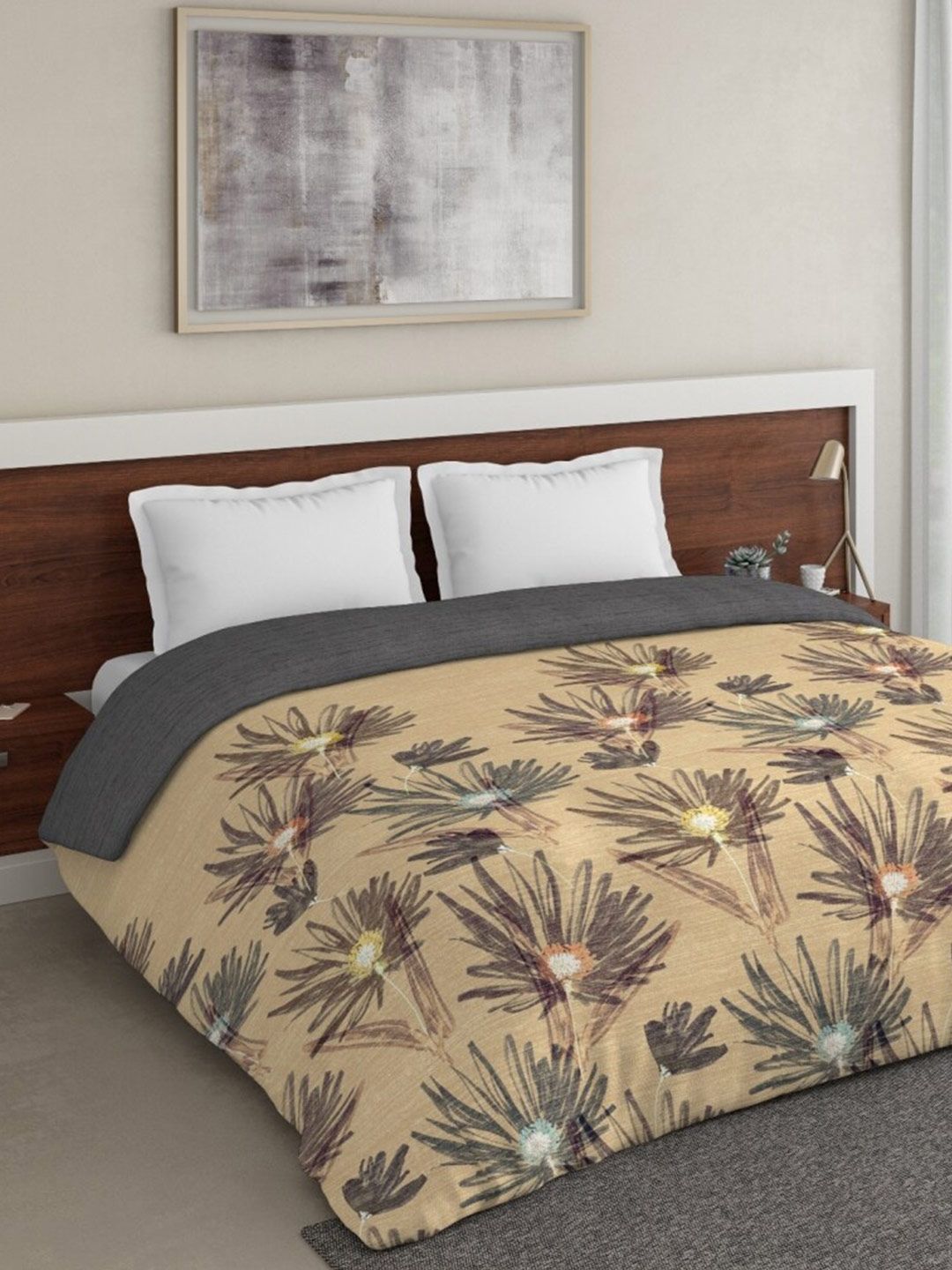 DDecor Beige & Grey Floral Mild Winter 210 GSM Double Bed Blanket Price in India