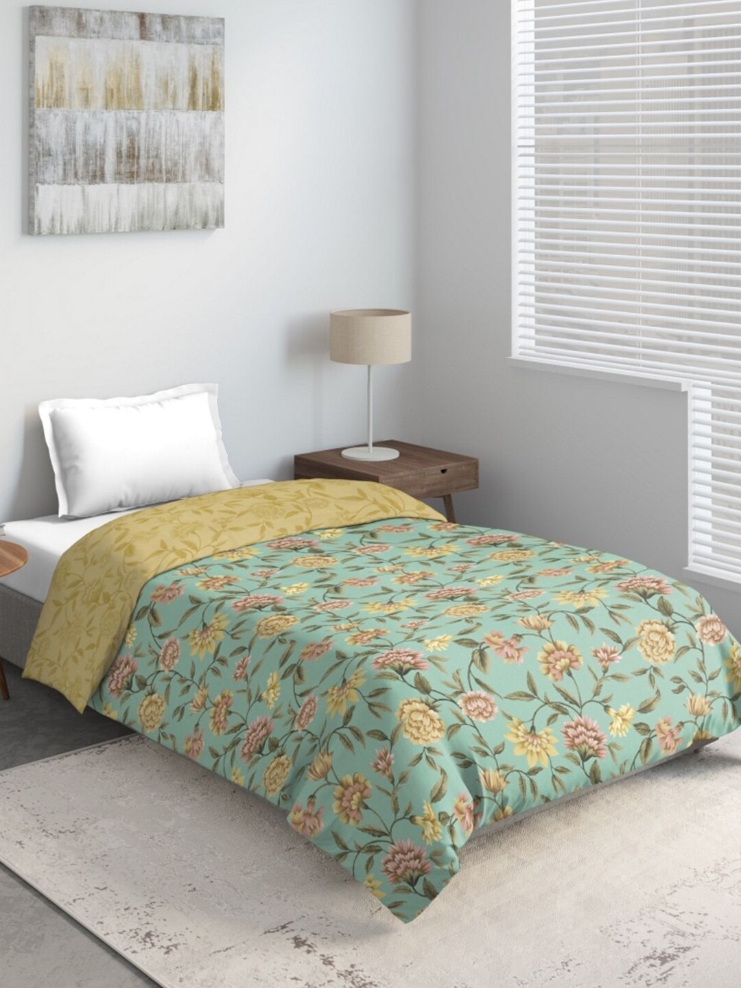 DDecor Turquoise Blue & Yellow Floral Mild Winter 150 GSM Single Bed Quilt Price in India