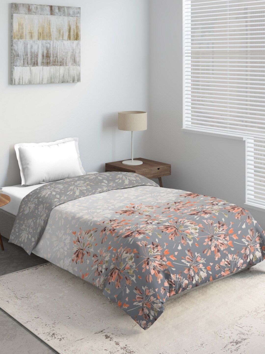 DDecor Grey & Peach-Coloured Floral Mild Winter 150 GSM Single Bed Quilt Price in India