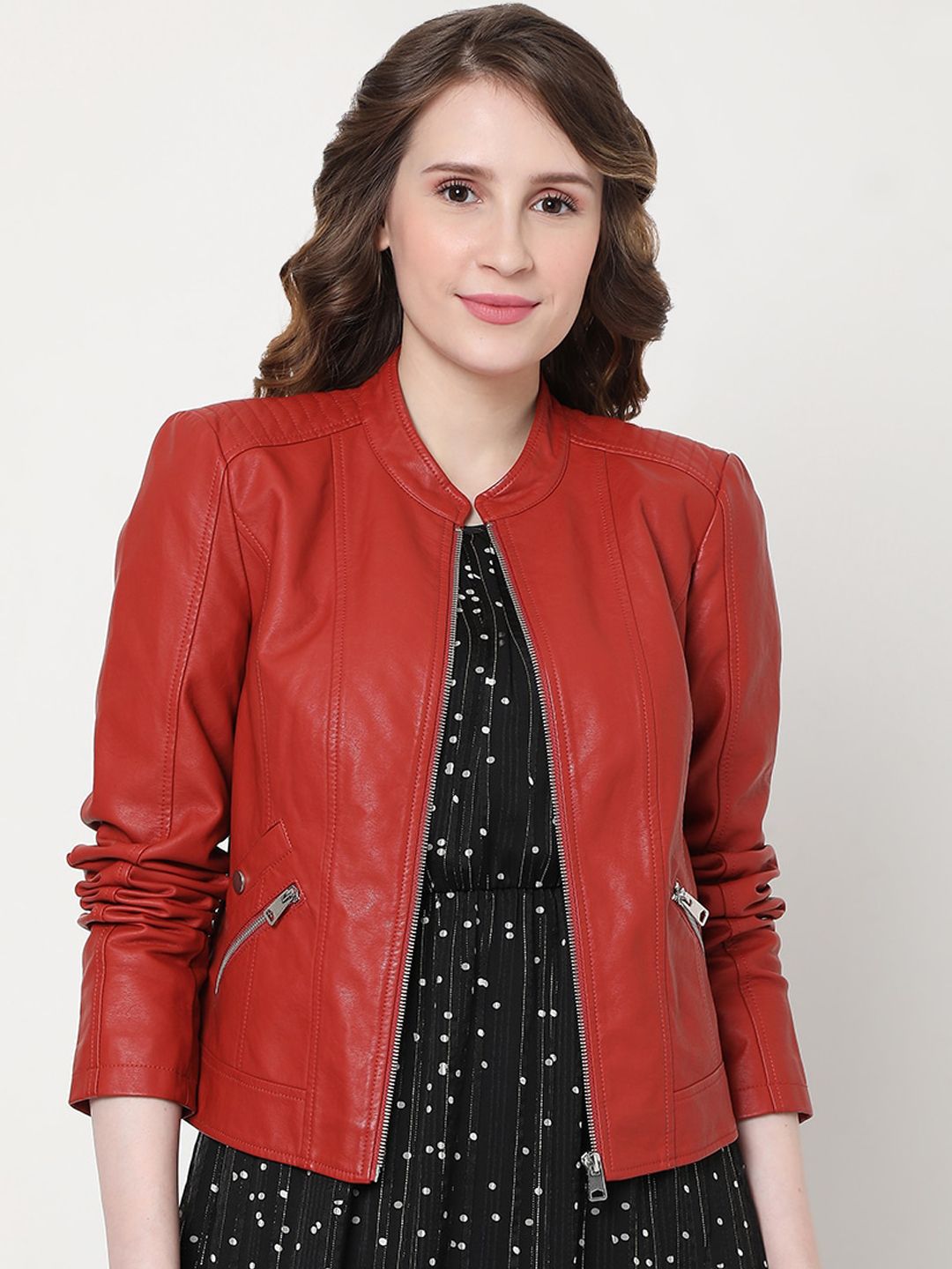 Vero Moda Women Red Crop Biker Jacket Price in India