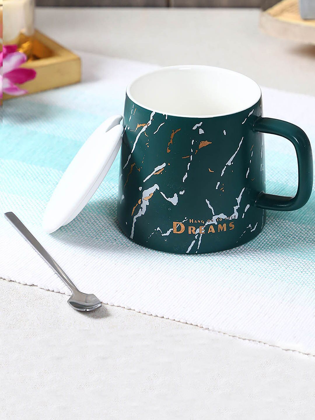 TIED RIBBONS Green & White Printed Ceramic Glossy Mugs Set of Cups and Mugs Price in India