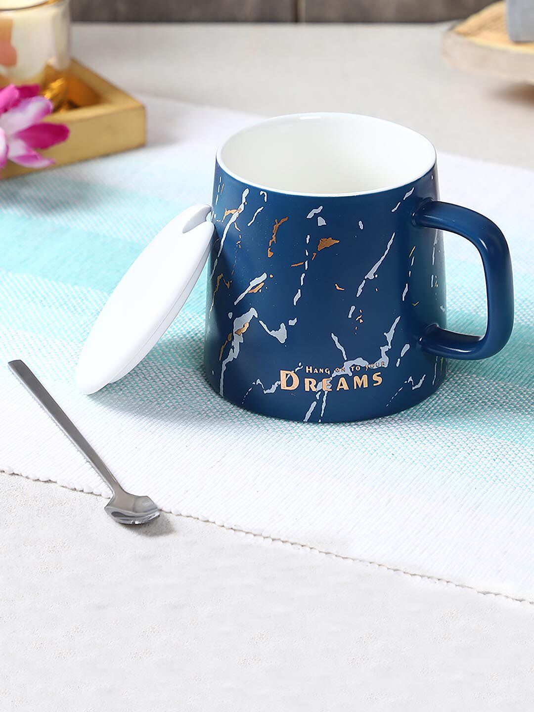 TIED RIBBONS Navy Blue & White Printed Ceramic Matte Cups Set of Cups and Mugs Price in India
