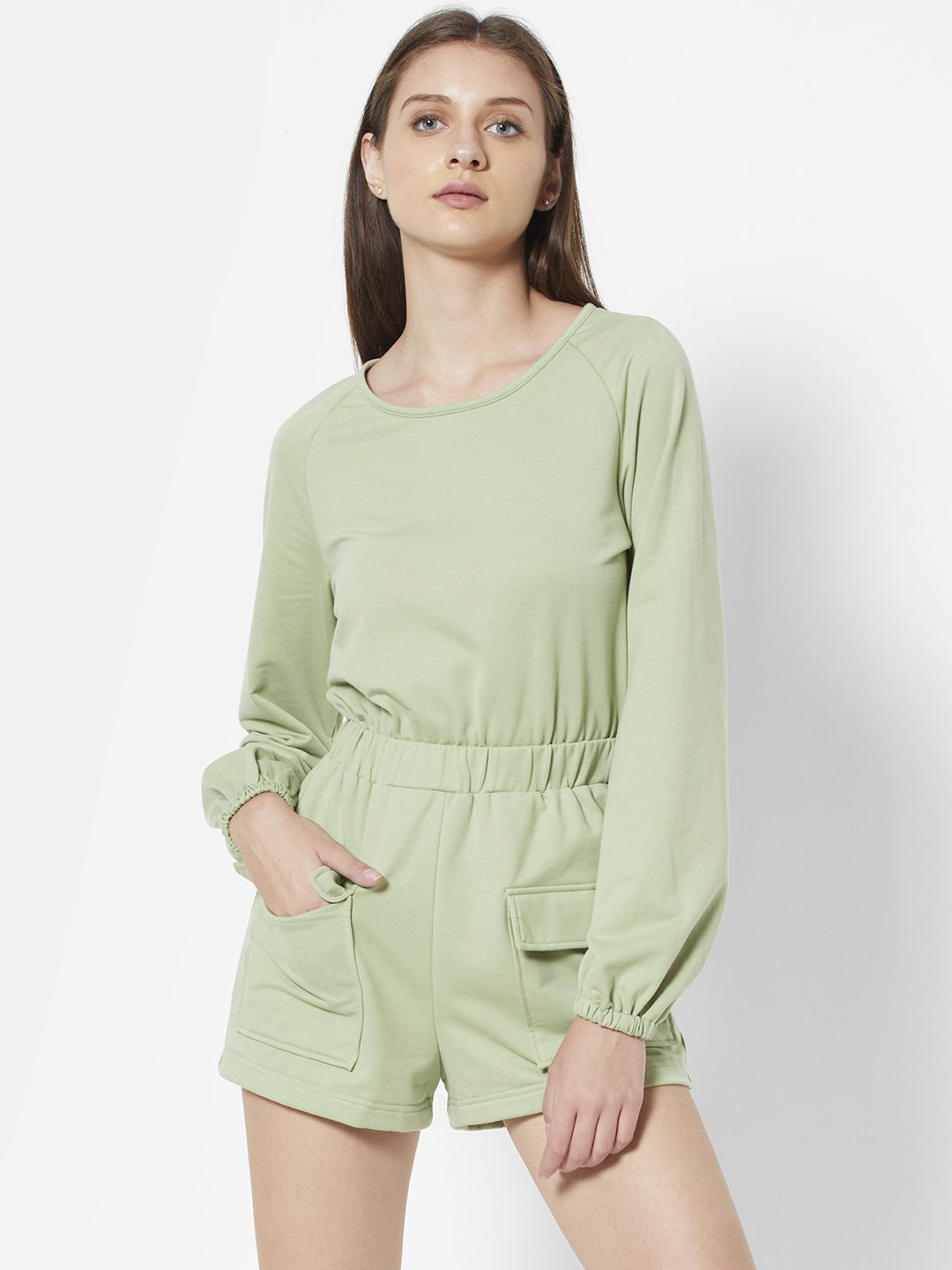 URBANIC Green Solid Cotton Jumpsuit Price in India
