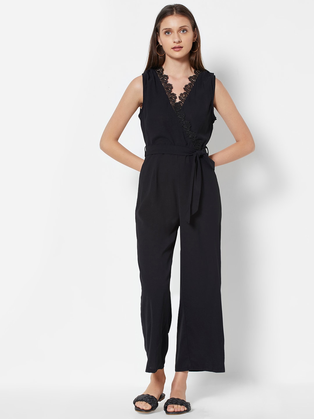 URBANIC Black Solid Basic Jumpsuit with Lace Inserts Price in India