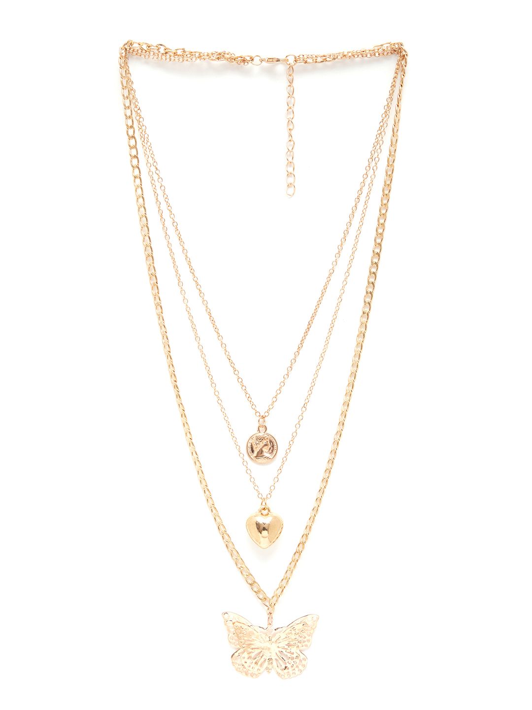 URBANIC Gold-Toned Triple Layered Linked Chain Necklace with Charms Price in India