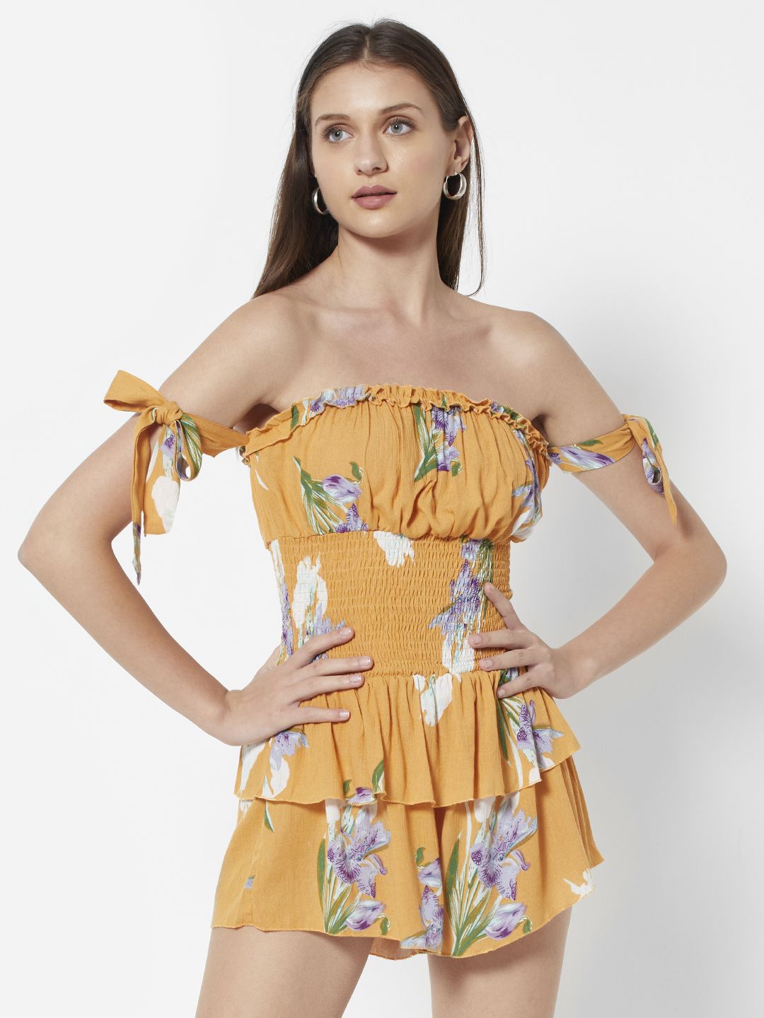 URBANIC Mustard Yellow & Green Off-Shoulder Printed Jumpsuit Price in India