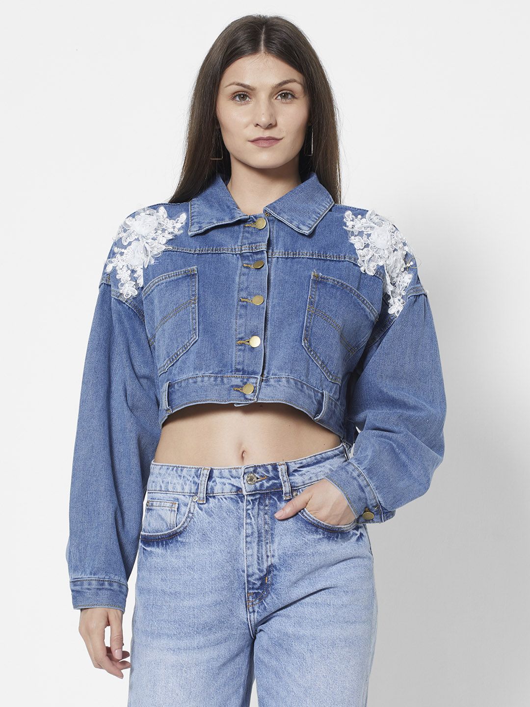 URBANIC Women Navy Blue Crop Denim Jacket With Lace Inserts Price in India