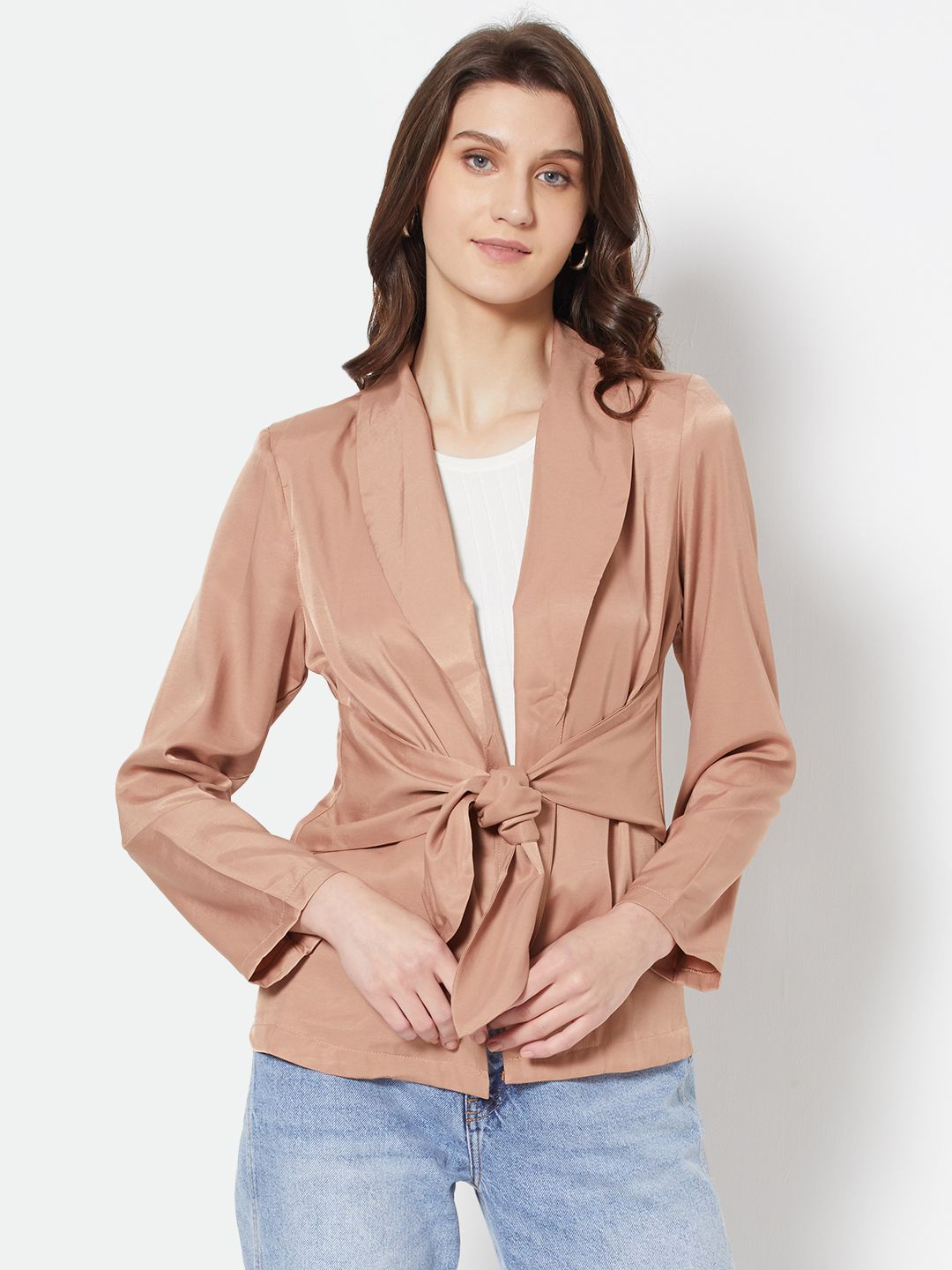 URBANIC Women Beige & White Solid Open-Front With Tie-Up Closure Casual Blazer Price in India