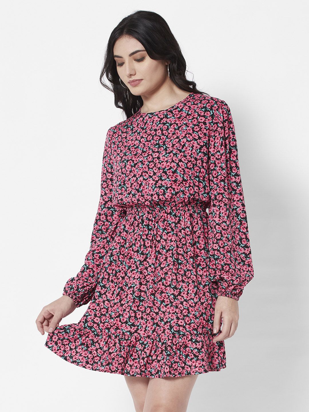 URBANIC Black & Pink Floral A-Line Dress Price in India