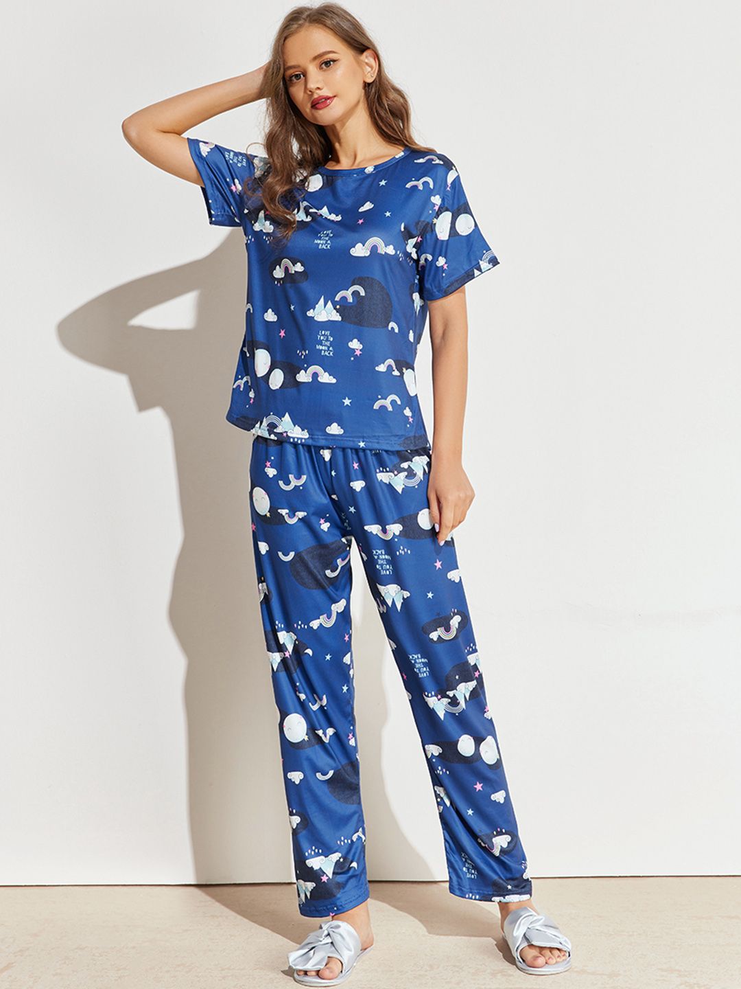 URBANIC Women Blue & White Printed Pyjama Set Price in India